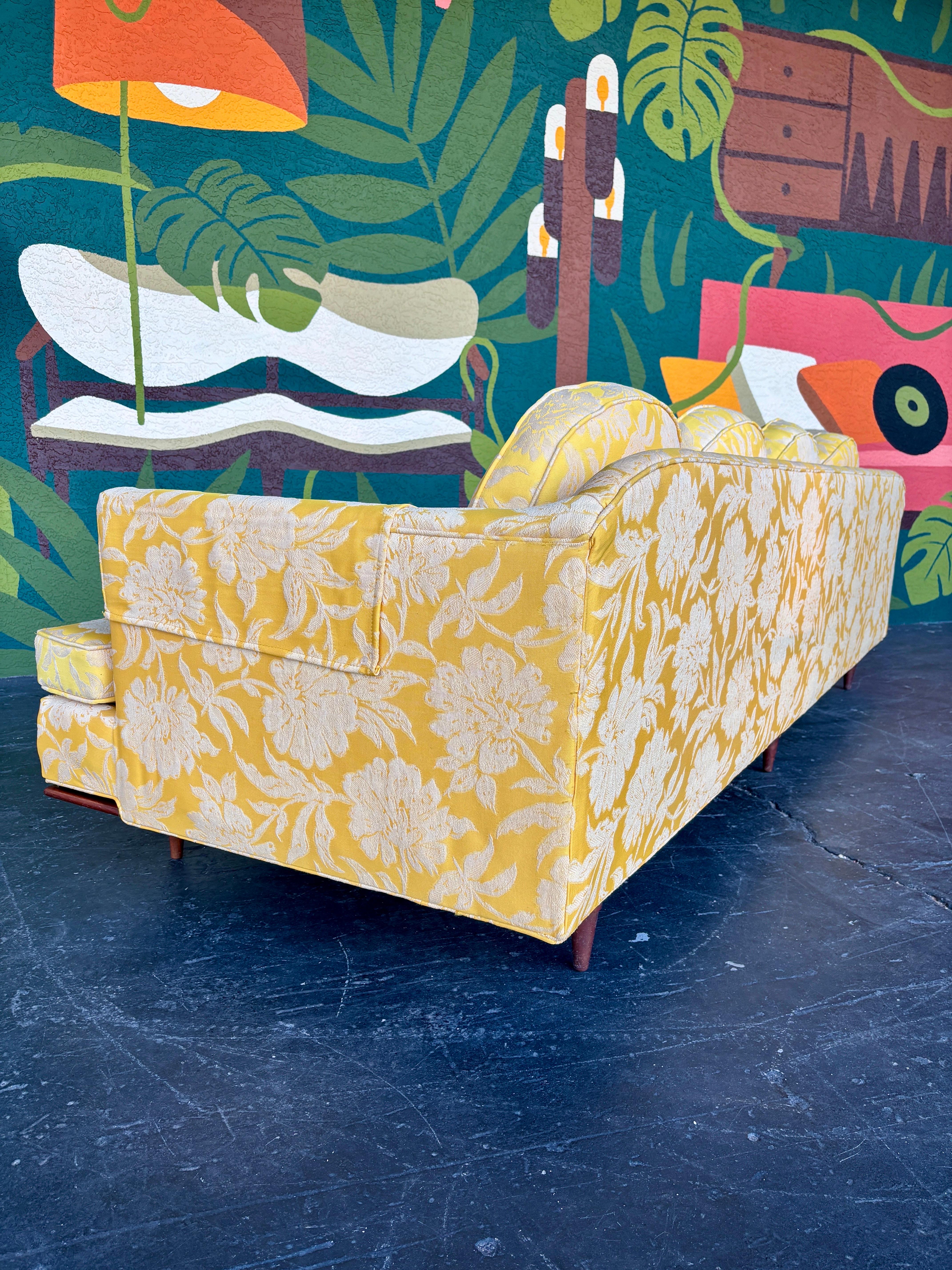 Mid Century Modern Yellow Floral Walnut Trim Sofa In Good Condition In Lutz, FL