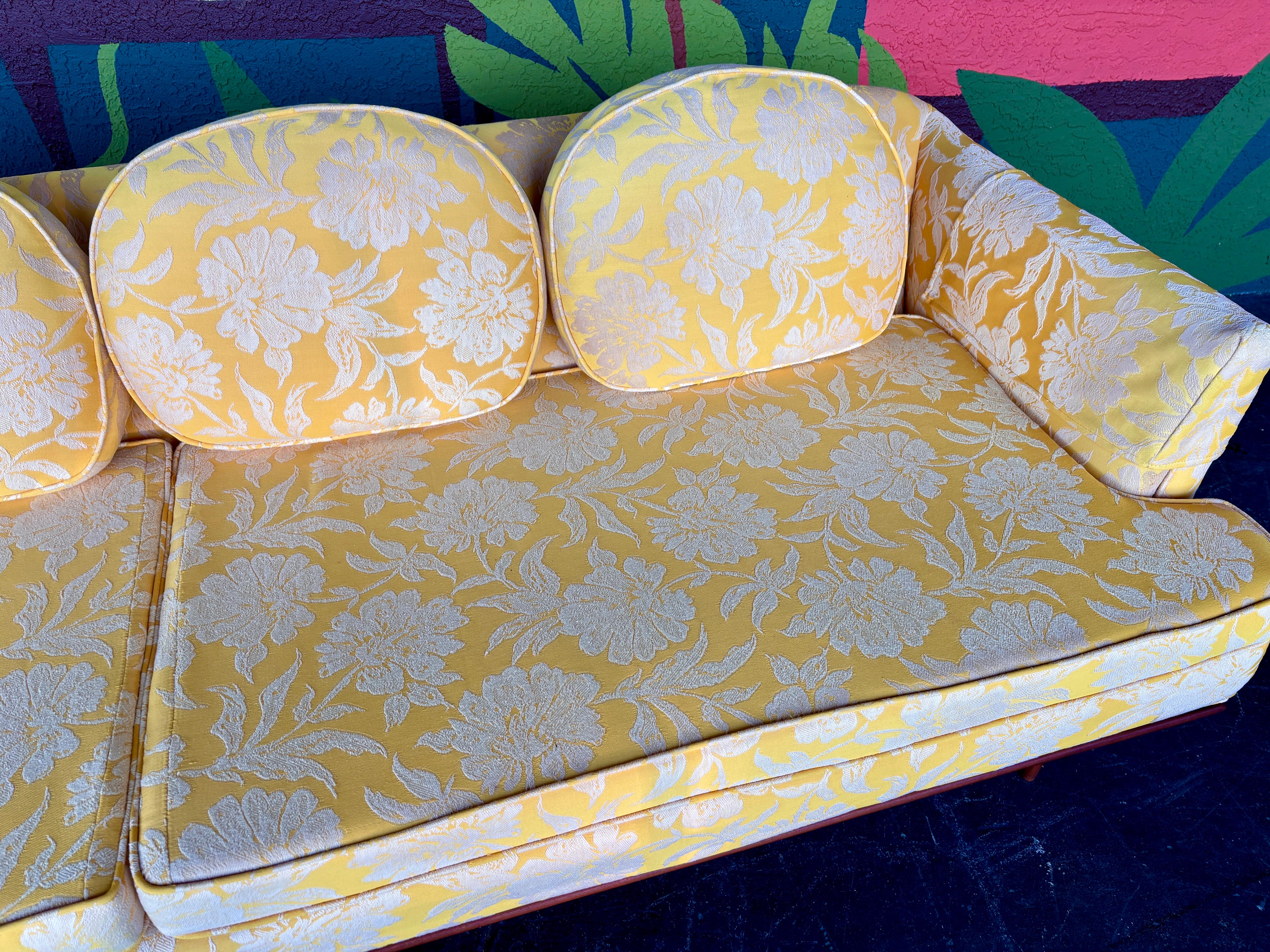 Fabric Mid Century Modern Yellow Floral Walnut Trim Sofa