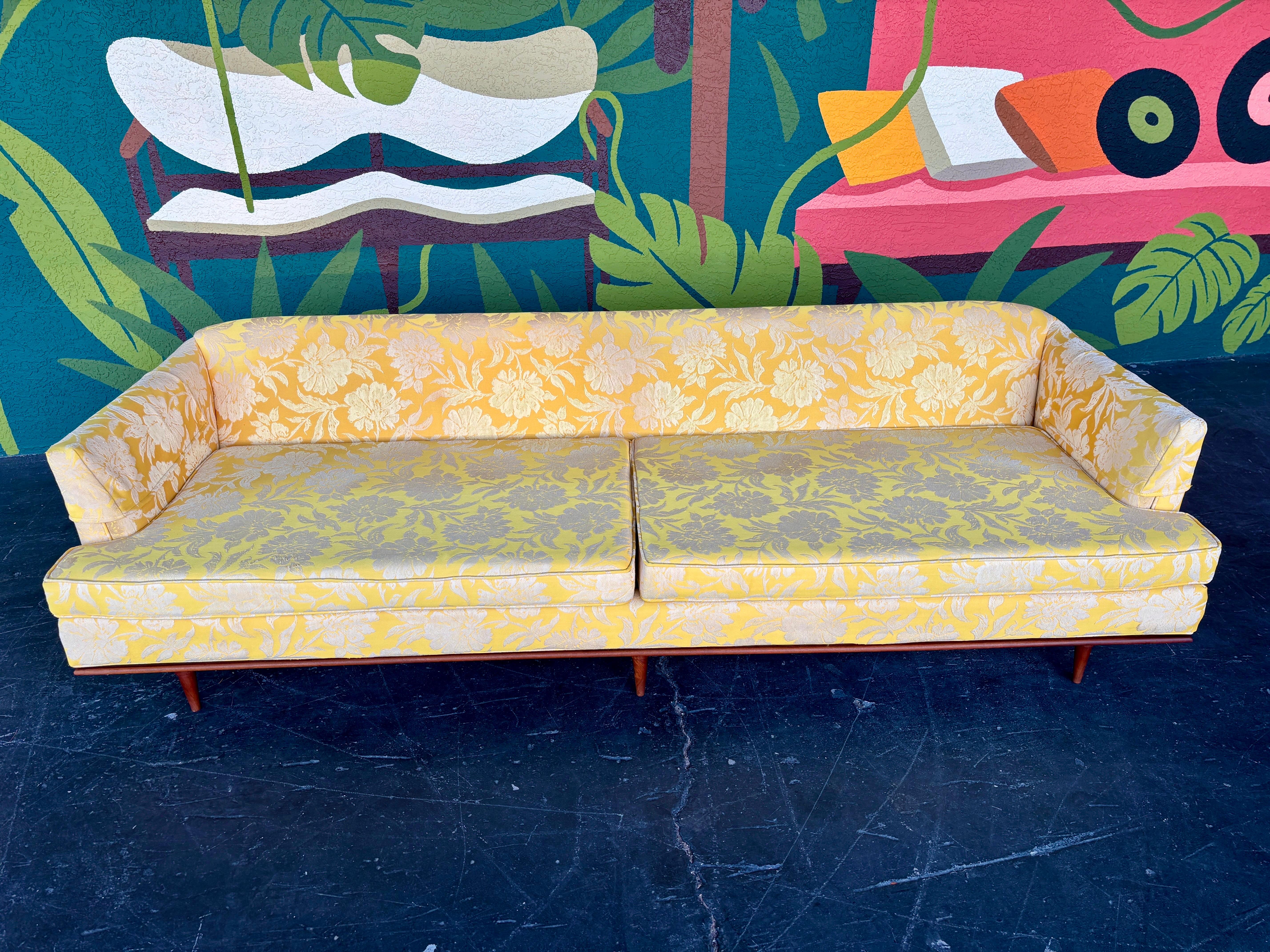 Mid Century Modern Yellow Floral Walnut Trim Sofa 1