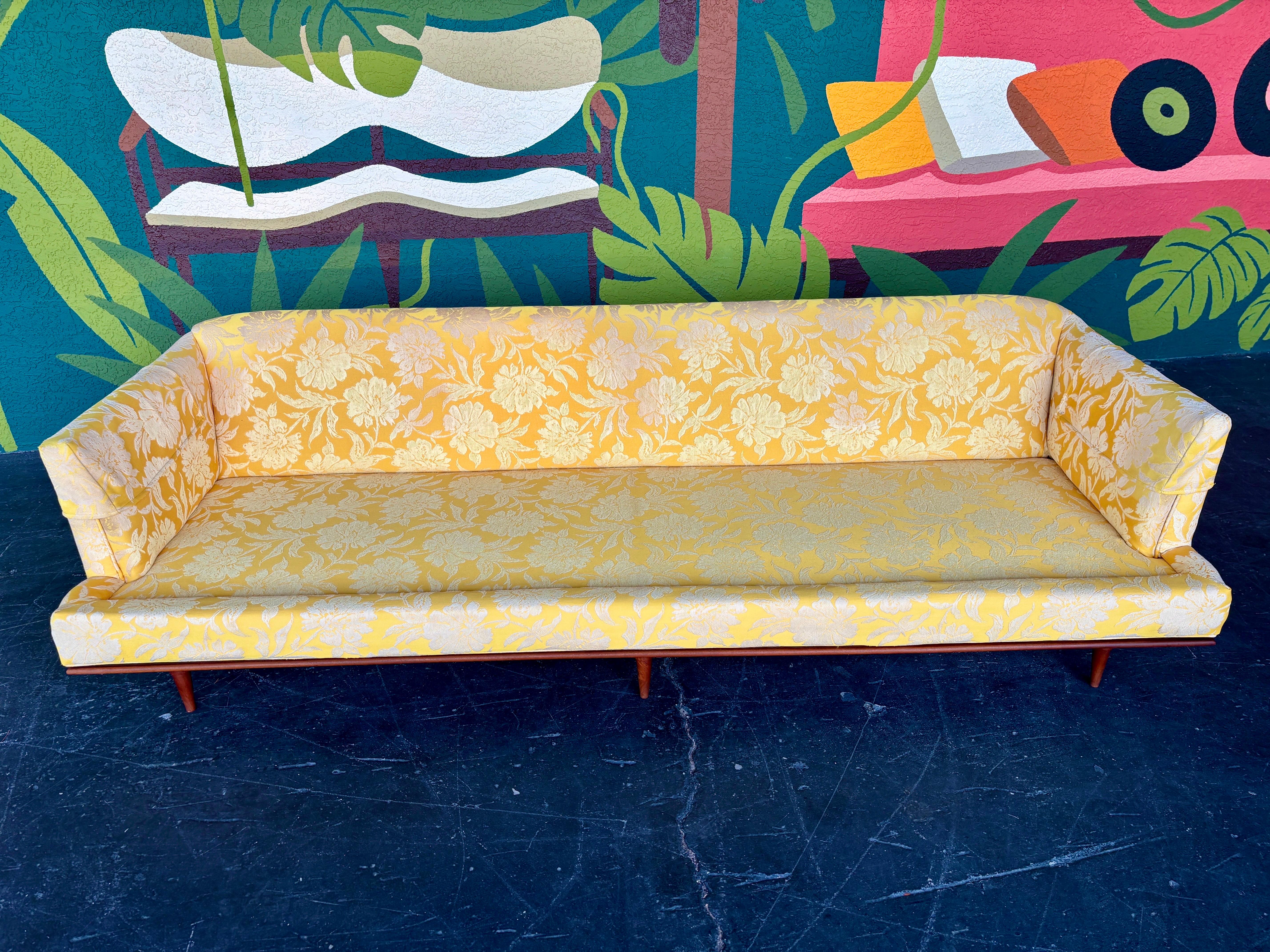 Mid Century Modern Yellow Floral Walnut Trim Sofa 2