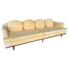 Mid Century Modern Yellow Floral Walnut Trim Sofa