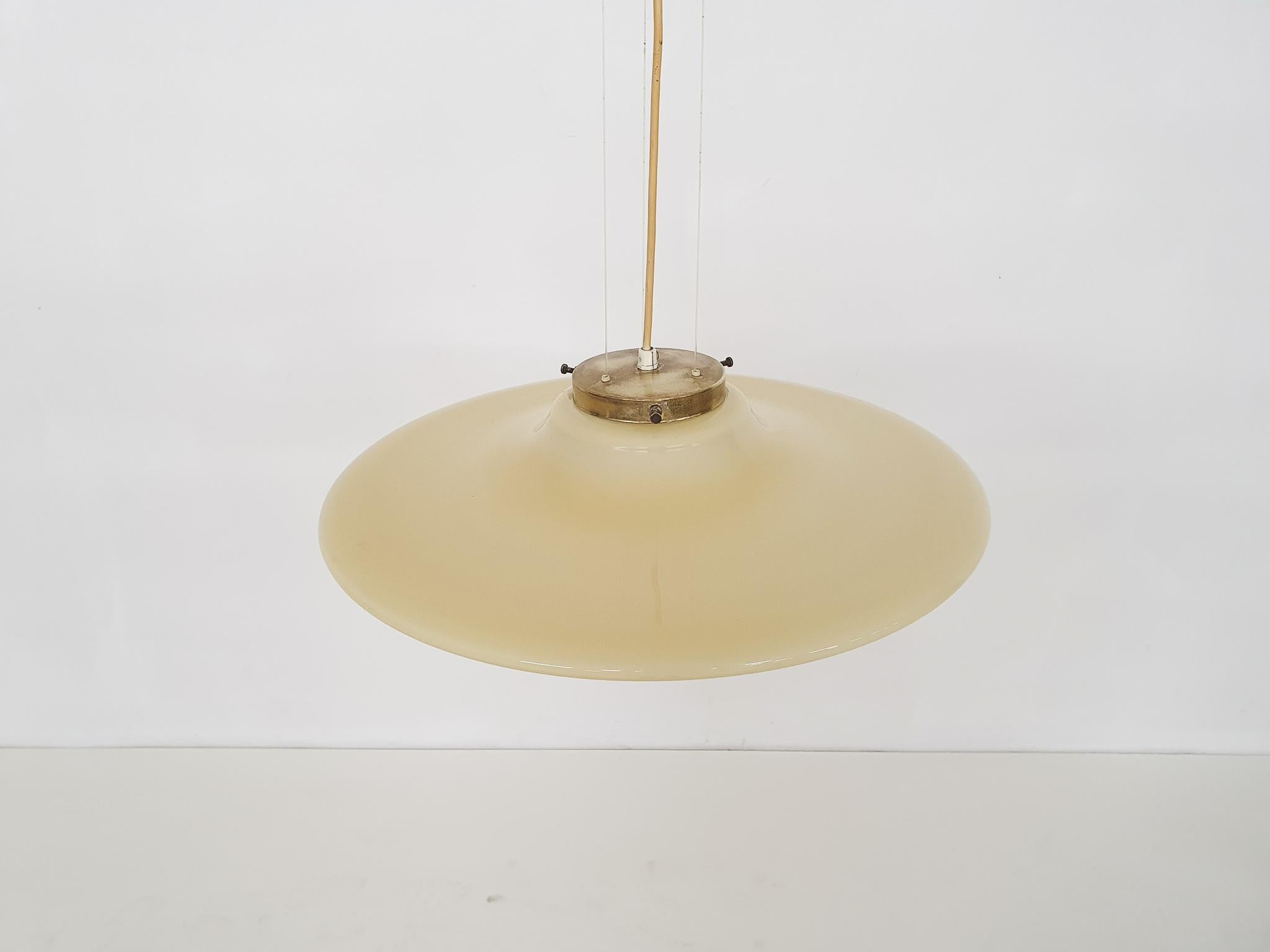 Brass Mid-Century Modern Yellow Glass Pendant Light Attrb. Holmegaard, 1960's