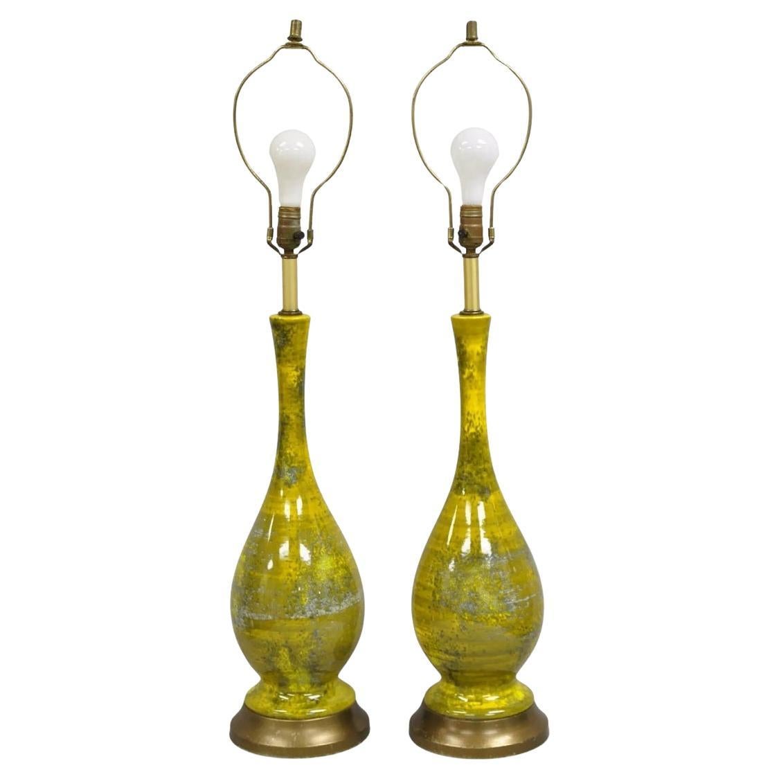 Mid Century Modern Yellow Green Glazed Italian Ceramic Pottery Table Lamp Pair