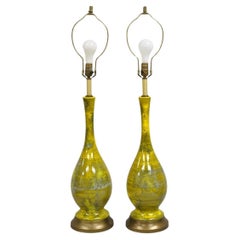 Mid Century Modern Yellow Green Glazed Italian Ceramic Pottery Table Lamp Pair