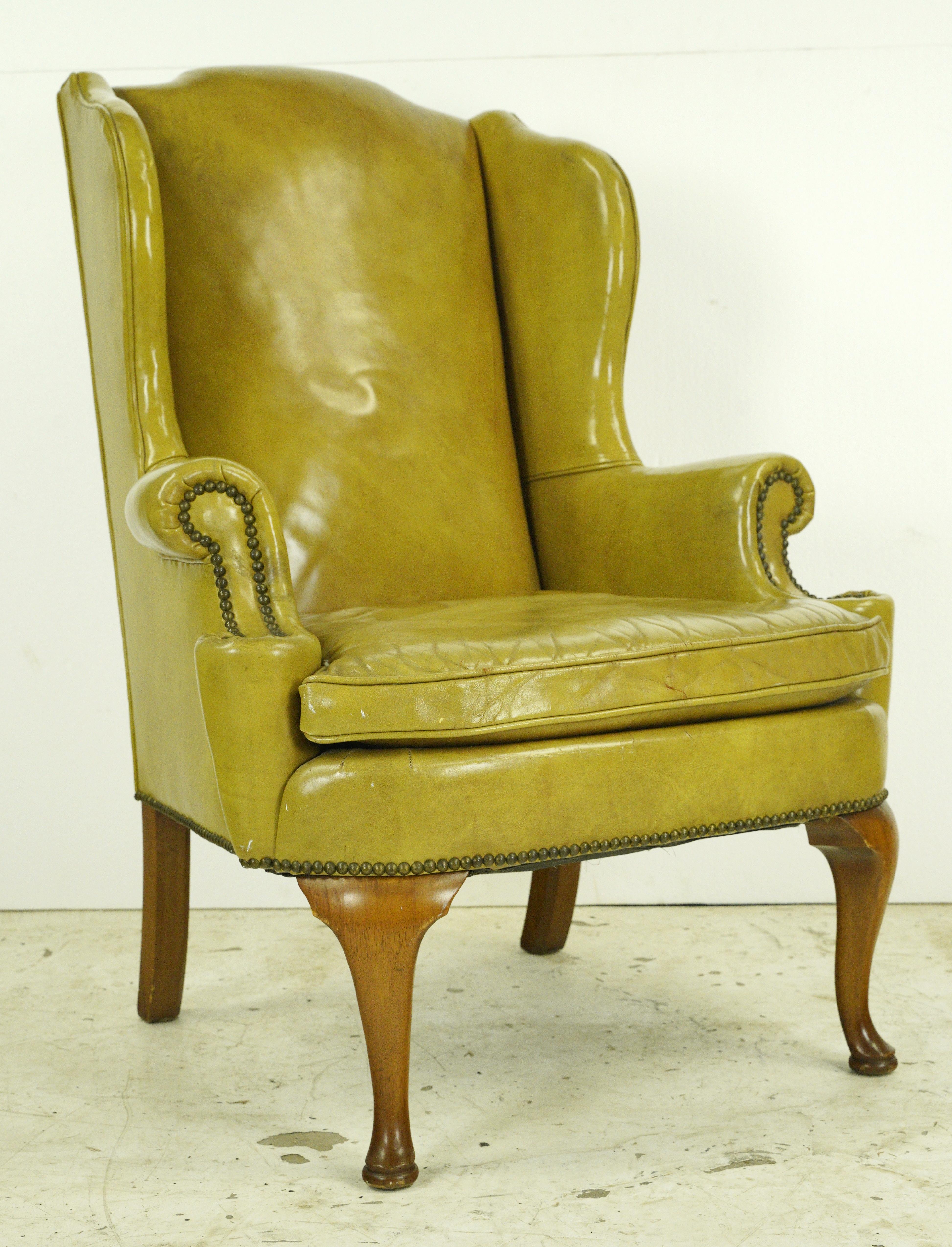 Mid-Century Modern Yellow Leather Wingback Armchair Studs In Good Condition In New York, NY