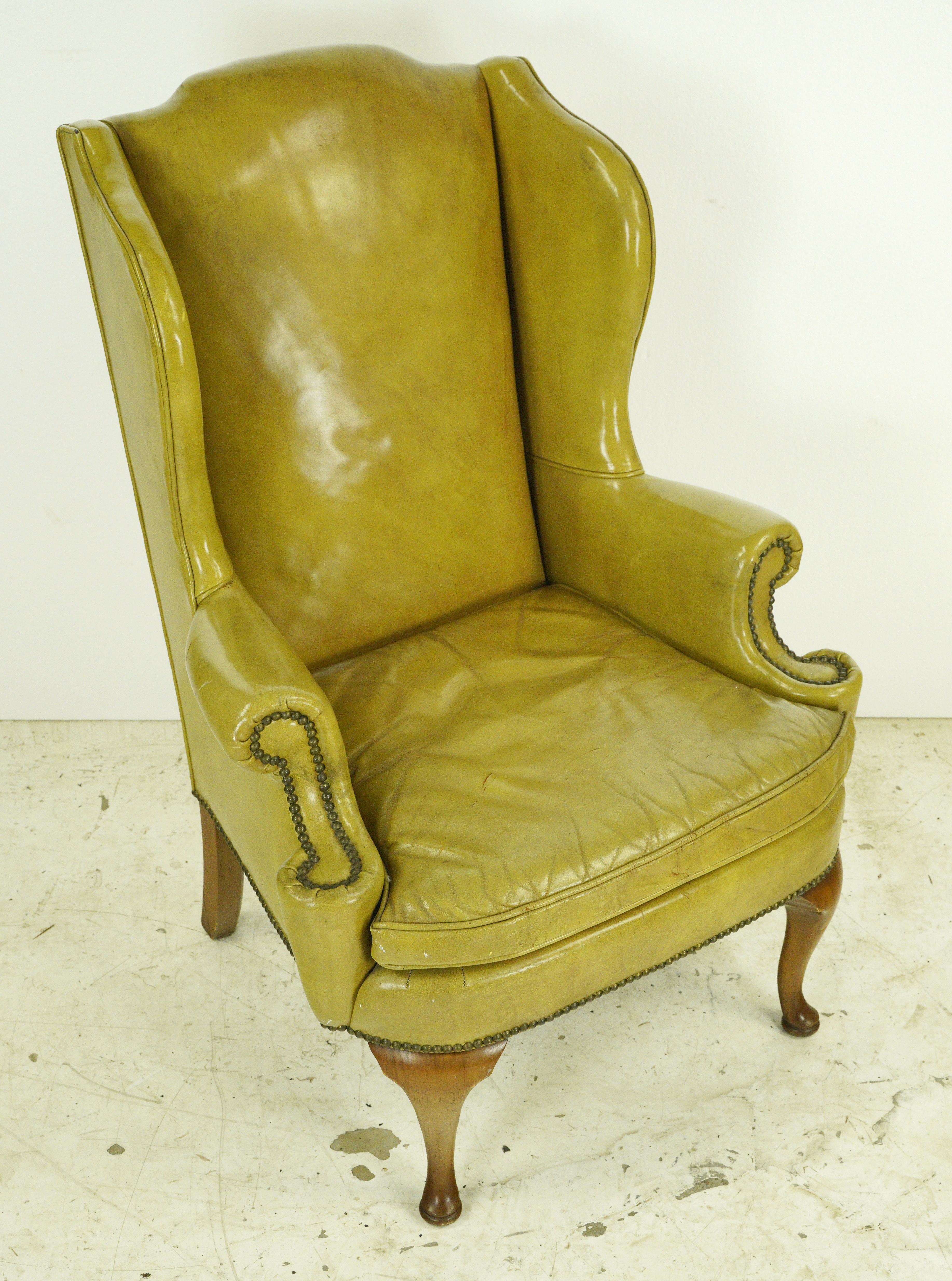 20th Century Mid-Century Modern Yellow Leather Wingback Armchair Studs