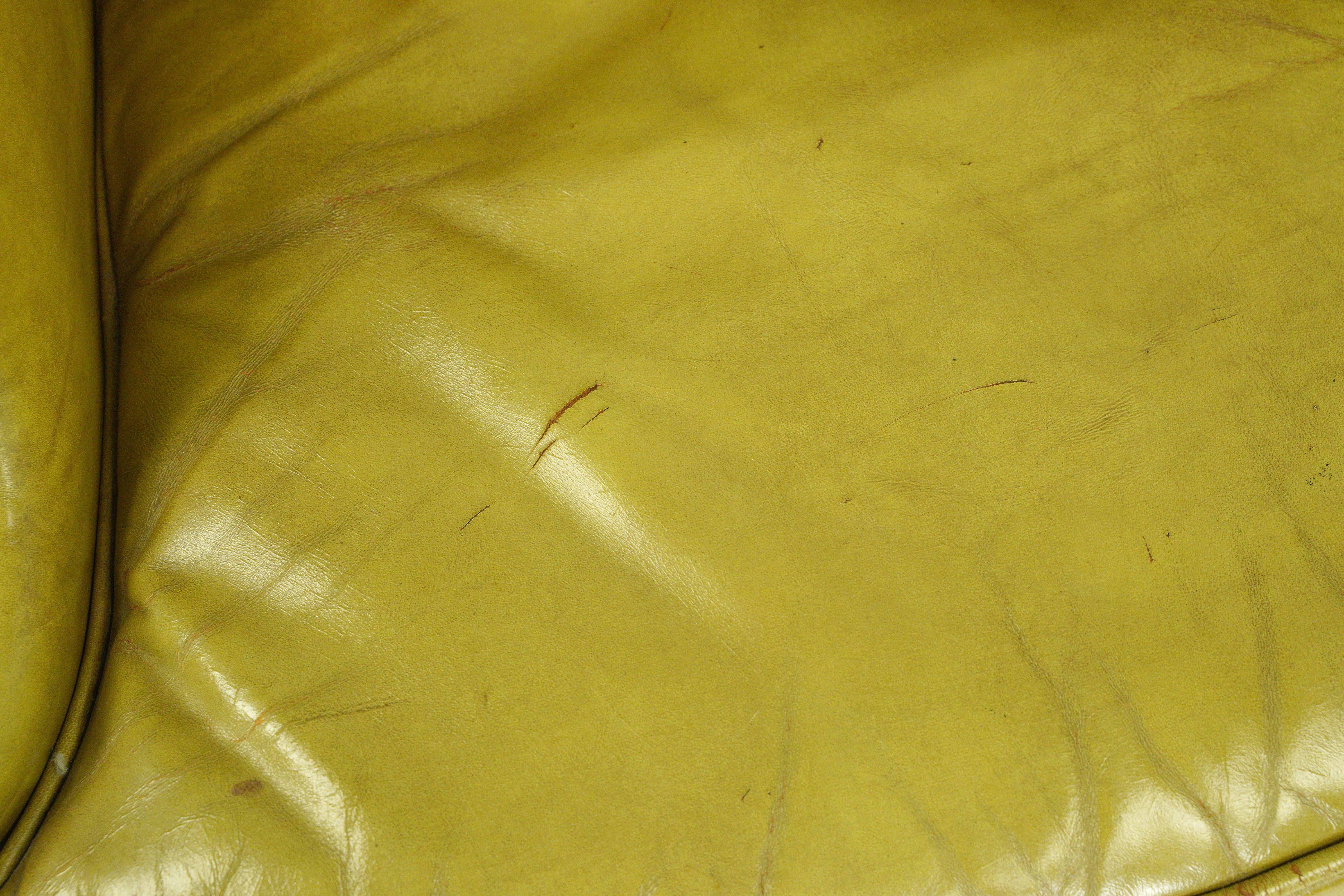 Steel Mid-Century Modern Yellow Leather Wingback Armchair Studs