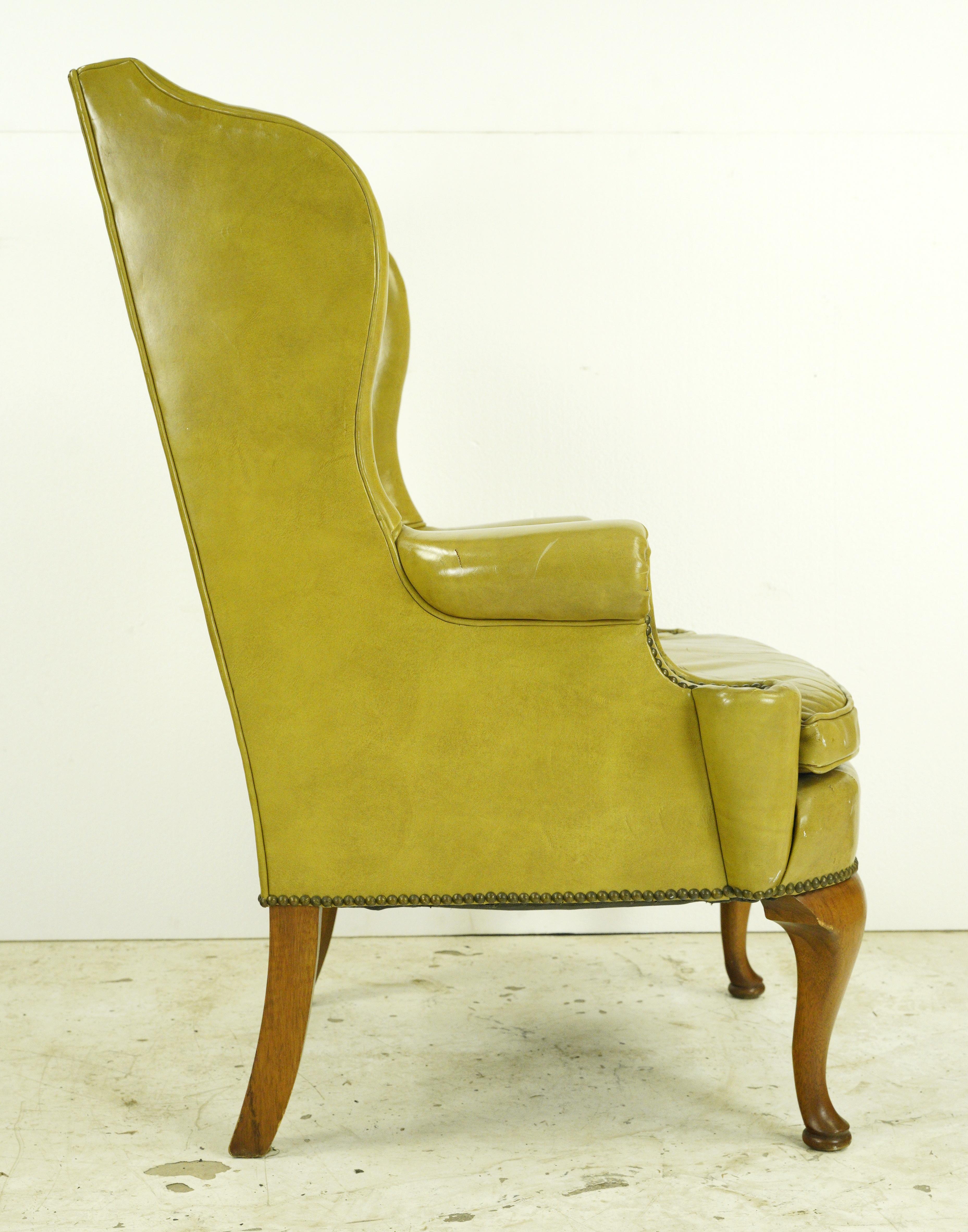 Mid-Century Modern Yellow Leather Wingback Armchair Studs 1