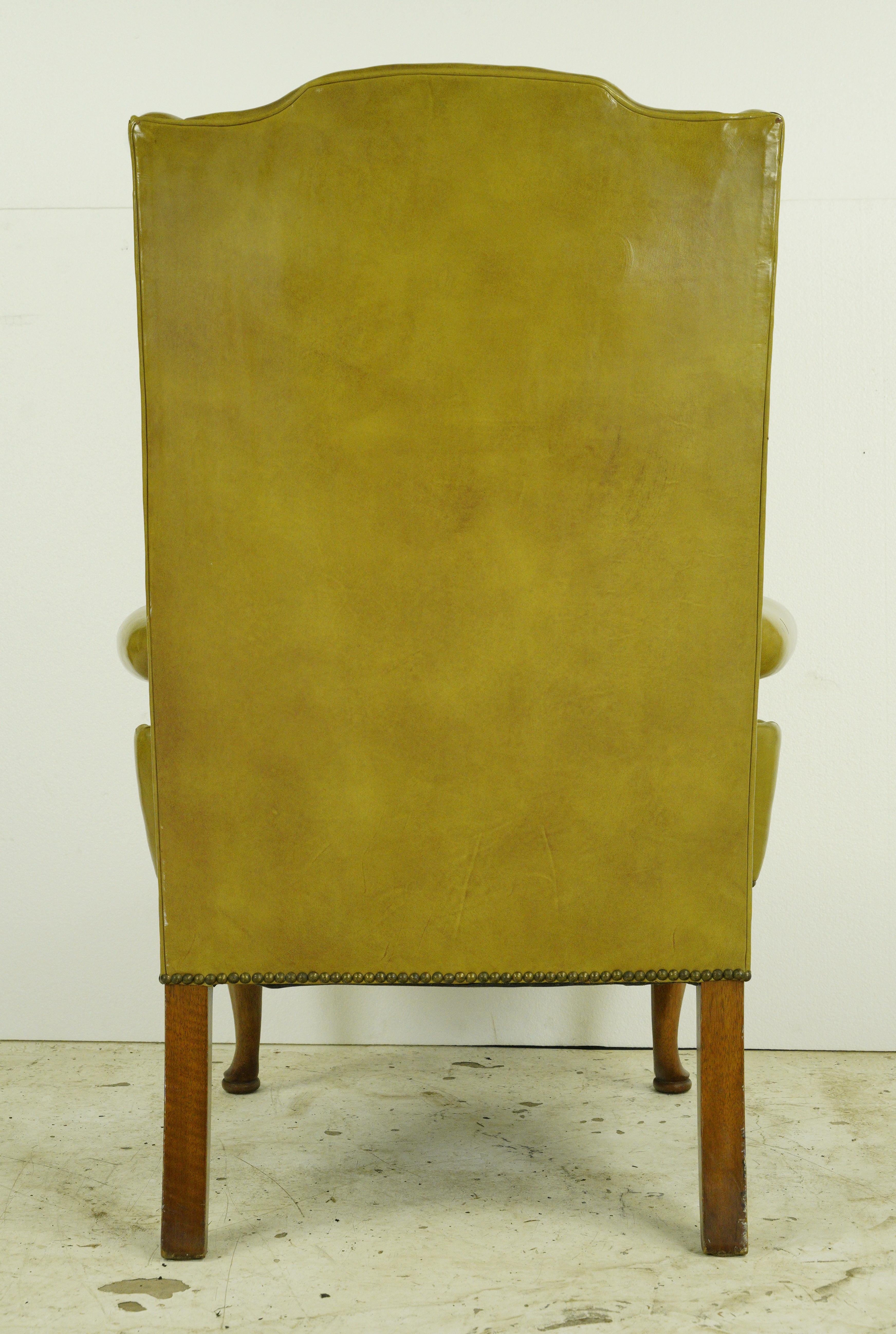 Mid-Century Modern Yellow Leather Wingback Armchair Studs 3