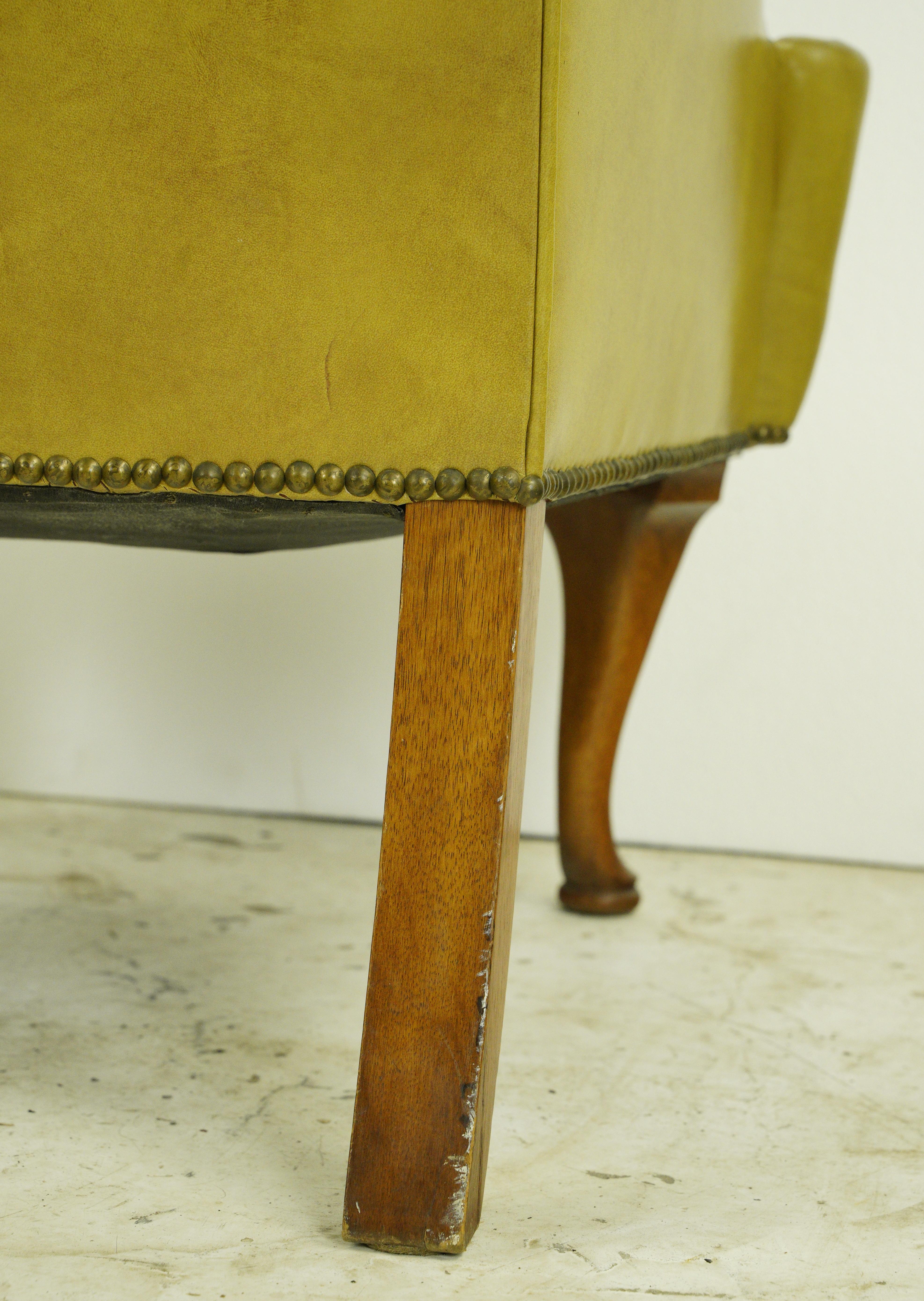 Mid-Century Modern Yellow Leather Wingback Armchair Studs 4