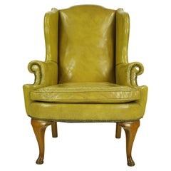 Mid-Century Modern Yellow Leather Wingback Armchair Studs