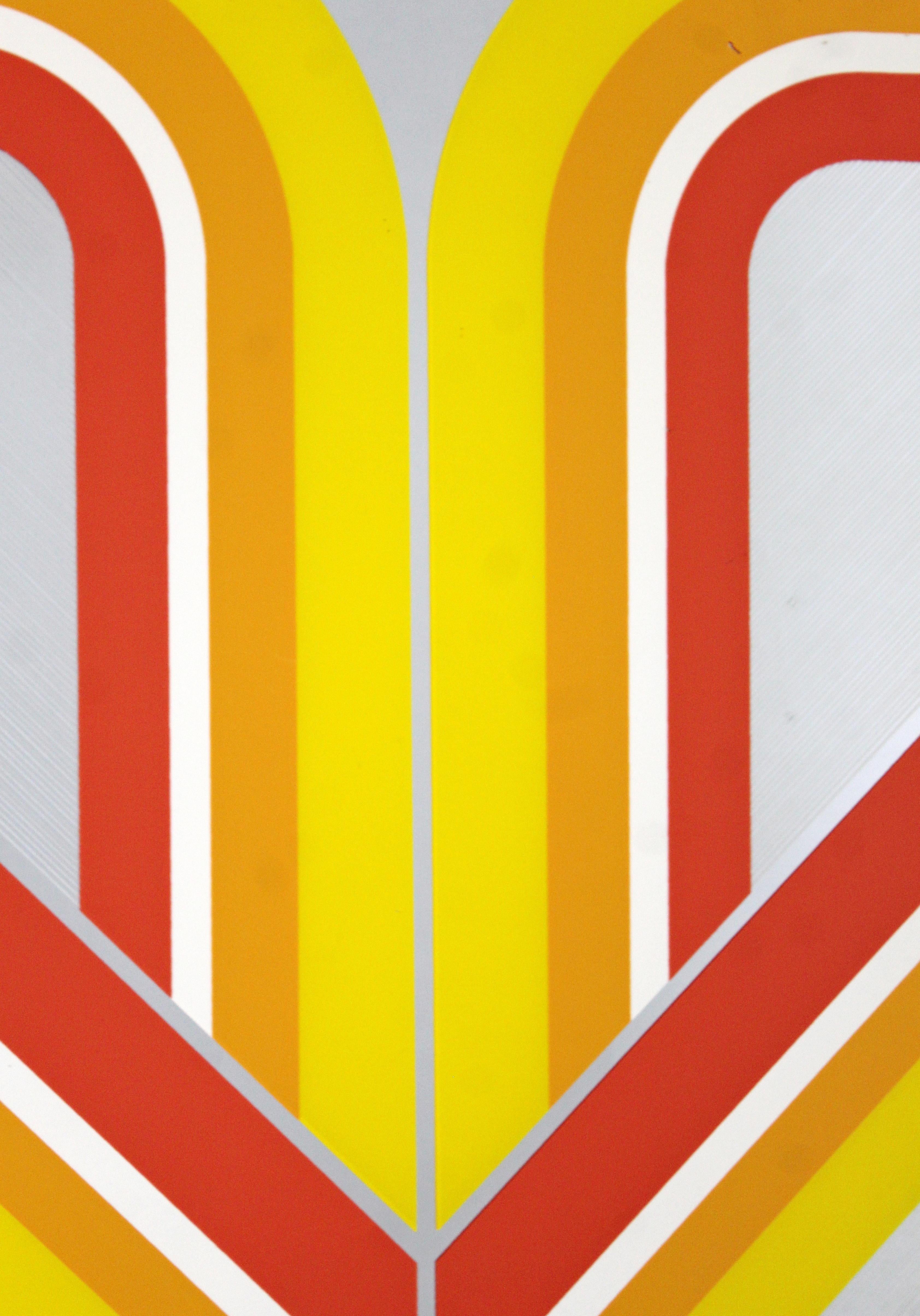 For your consideration is a spectacular, orange and yellow, pop art wall mirror, signed by the artist, with a Greg Copeland tag, circa 1970s. In excellent condition. The dimensions are 30.5