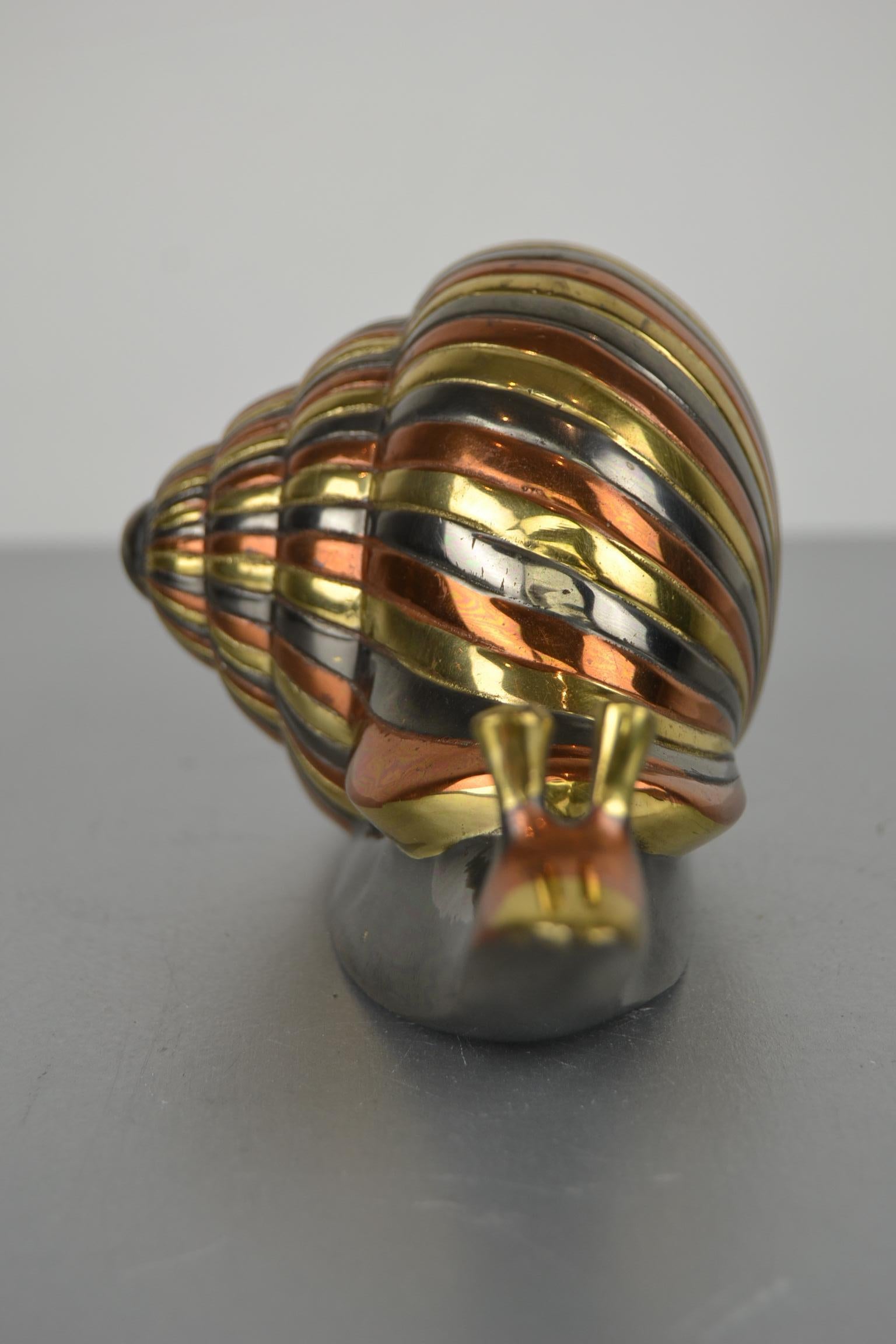 Mid-Century Modern Yellow, Red and Silver Metal and Brass Snail 1