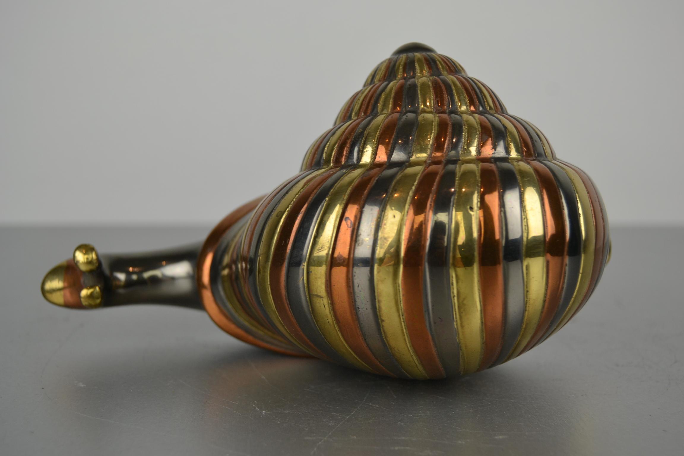 Mid-Century Modern Yellow, Red and Silver Metal and Brass Snail 2