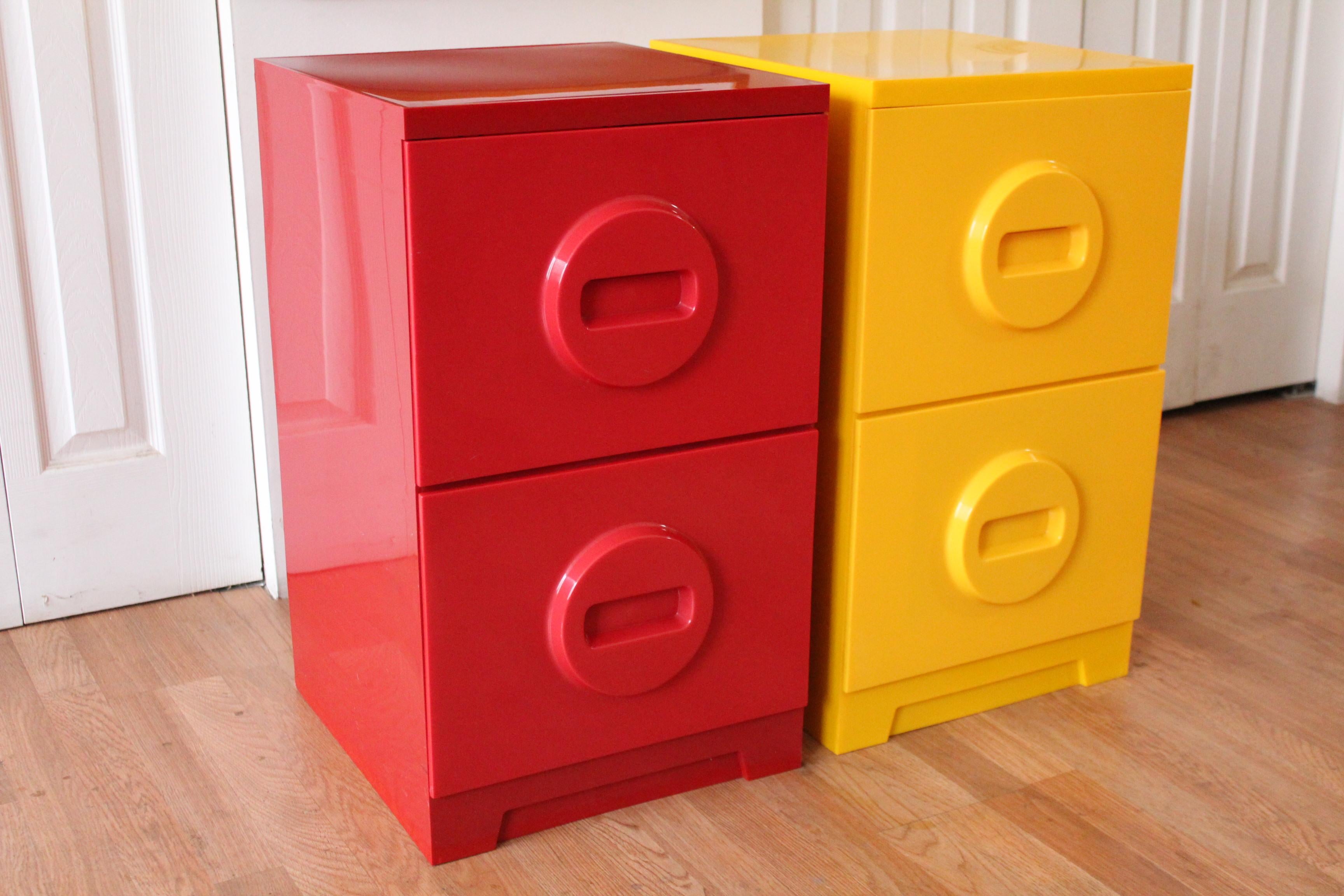 American Mid-Century Modern Yellow Red Plastic Akro-Mils Filing Cabinet