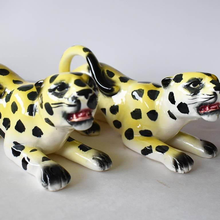 MidCentury Modern Yellow Spotted Ceramic Leopards or Cheetahs Set of
