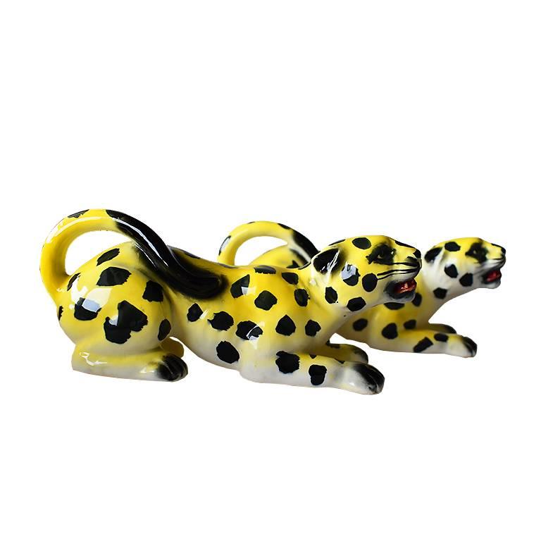 Mid-Century Modern Yellow Spotted Ceramic Leopards or Cheetahs Set of Two