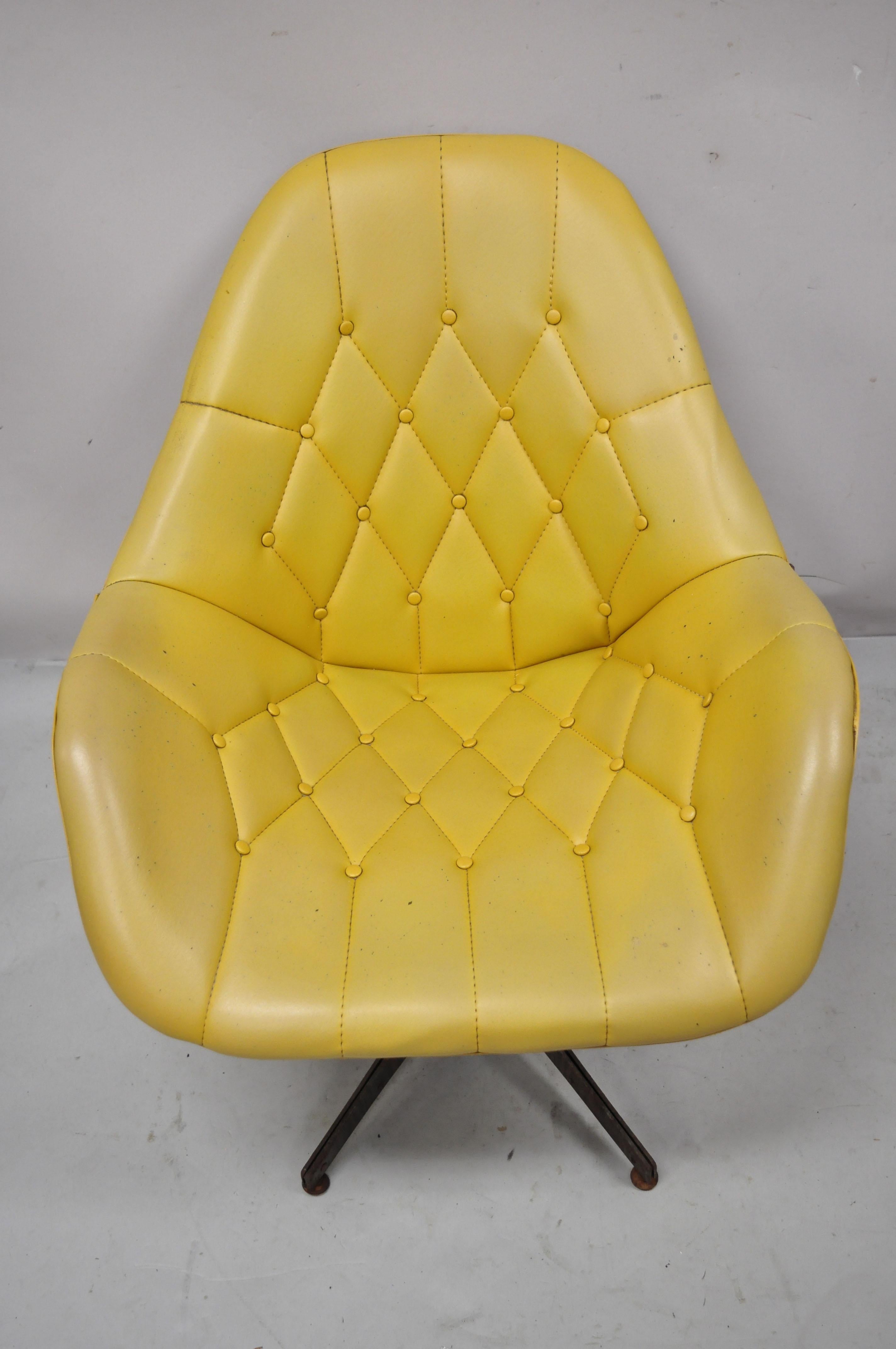 Mid Century Modern Yellow Tufted Naugahyde Swivel Butterfly Club Lounge Chair For Sale 1