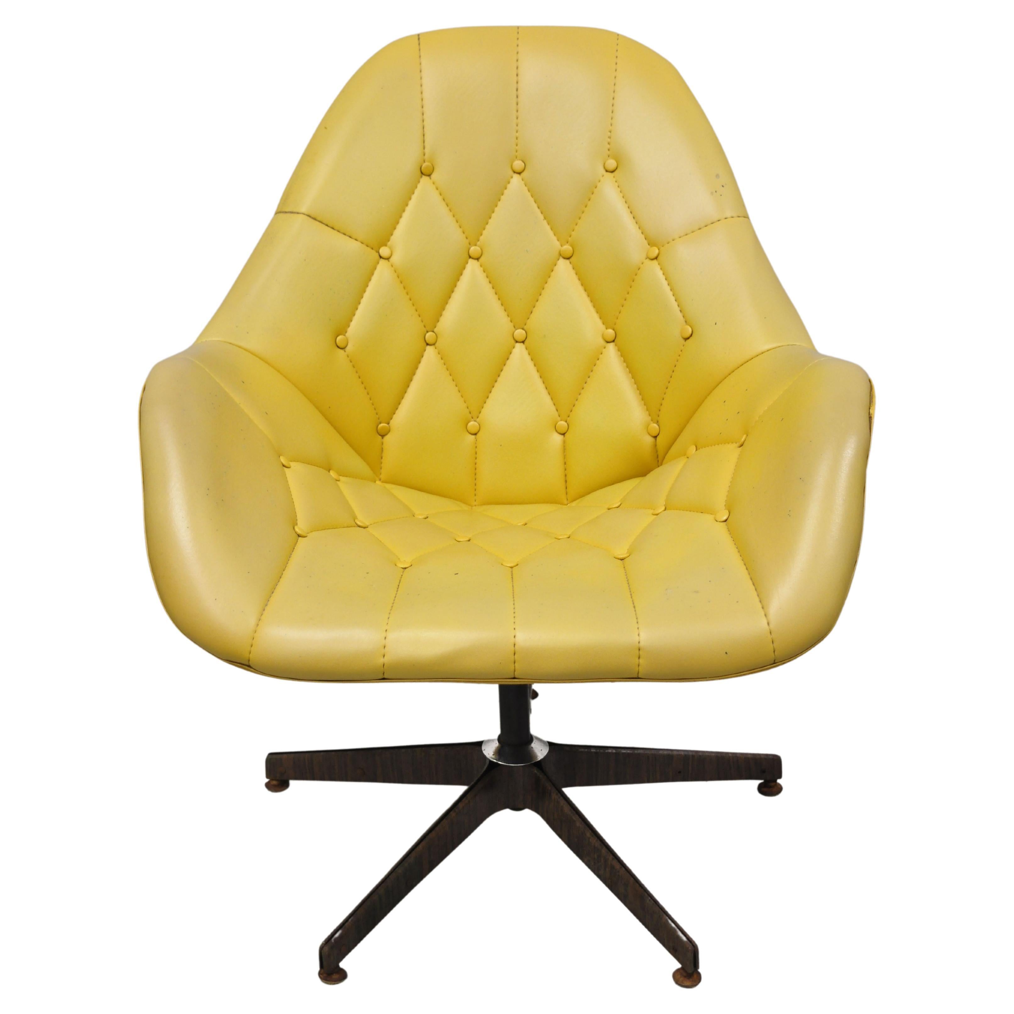 Mid Century Modern Yellow Tufted Naugahyde Swivel Butterfly Club Lounge Chair For Sale