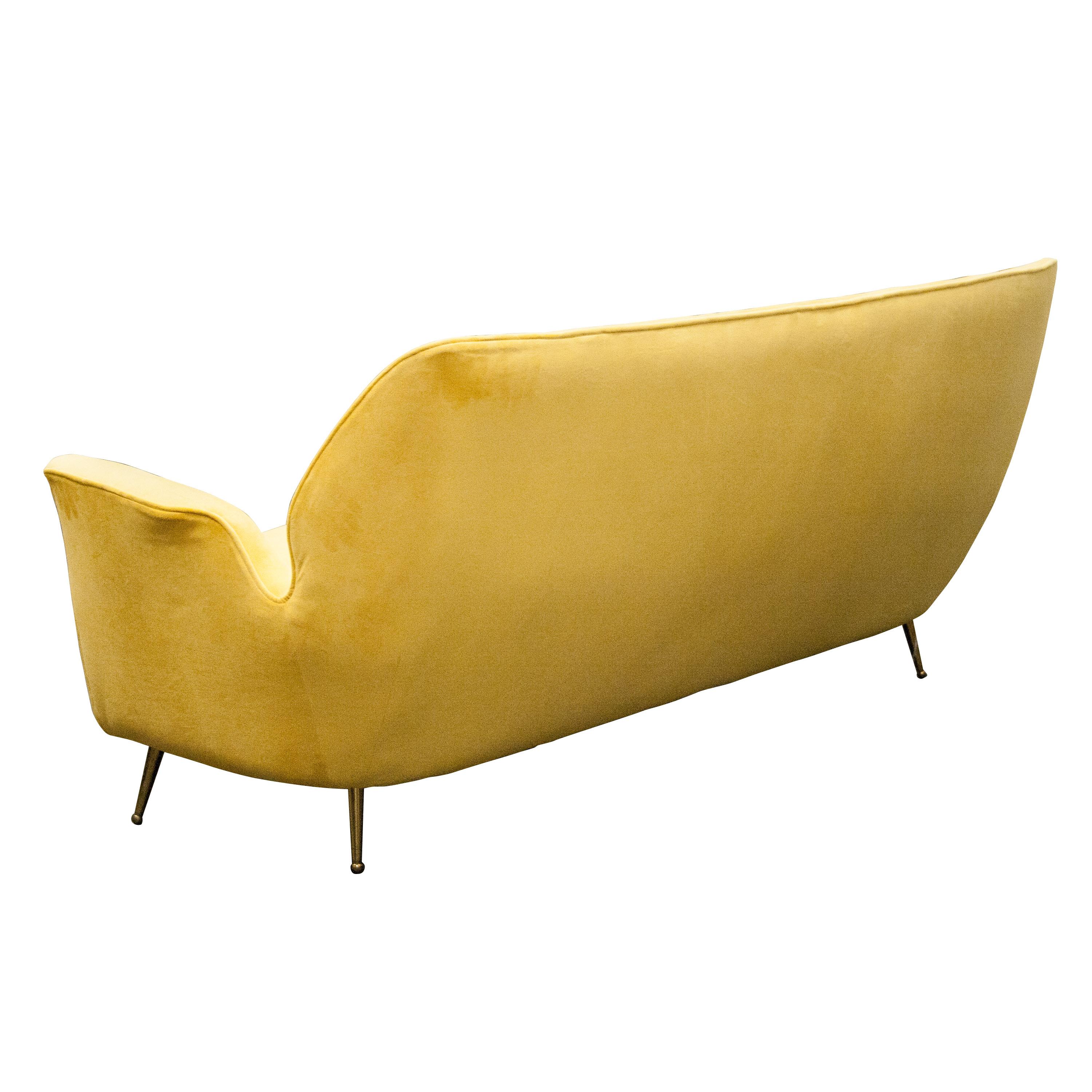 Mid-20th Century Mid-Century Modern Three-Seating Yellow Velvet Sofa, Italy, 1950 For Sale