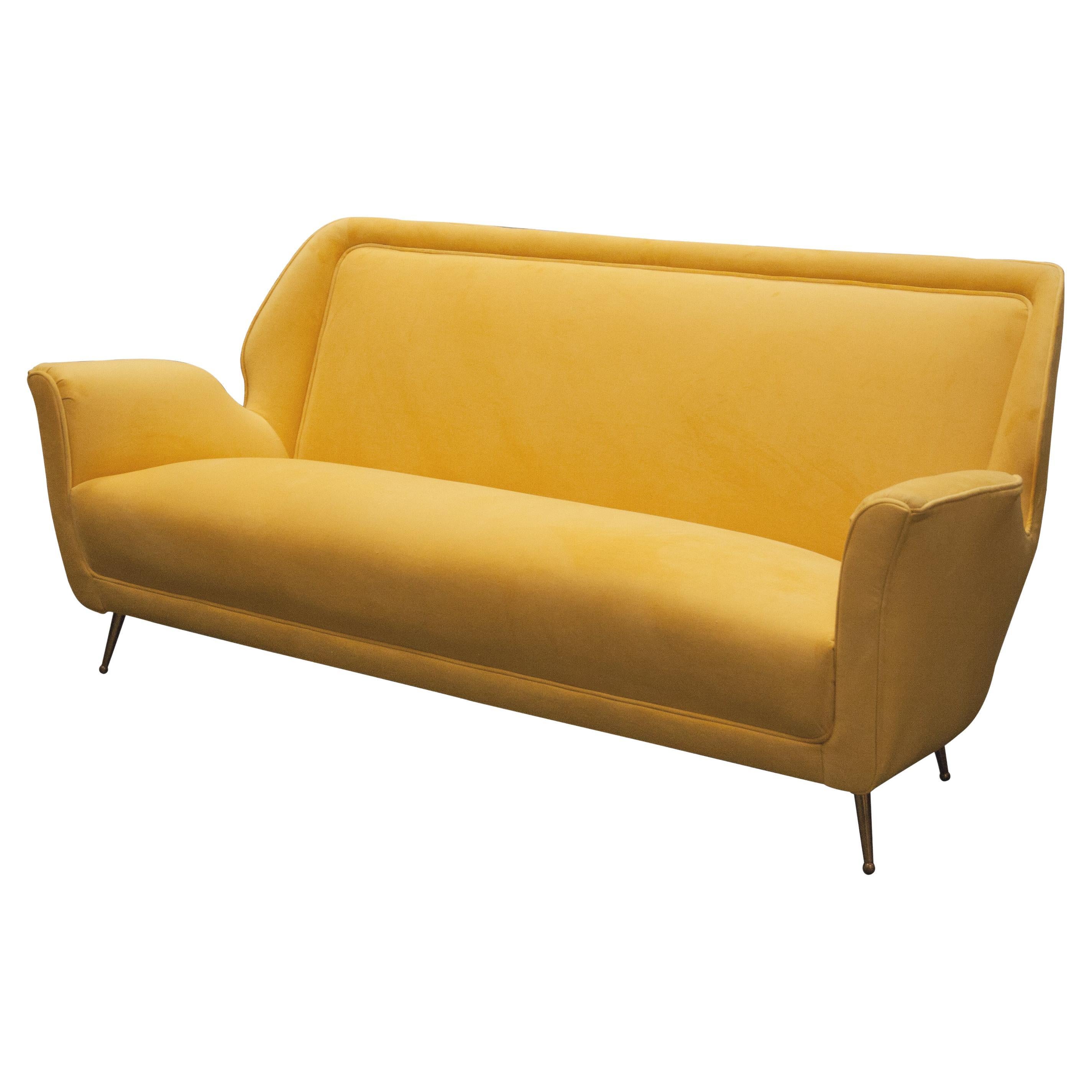 Mid-Century Modern Three-Seating Yellow Velvet Sofa, Italy, 1950 For Sale