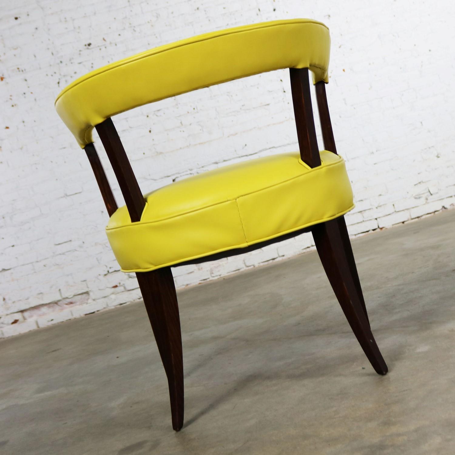 20th Century Mid-Century Modern Yellow Vinyl and Oak Barrel Back Side Chair For Sale