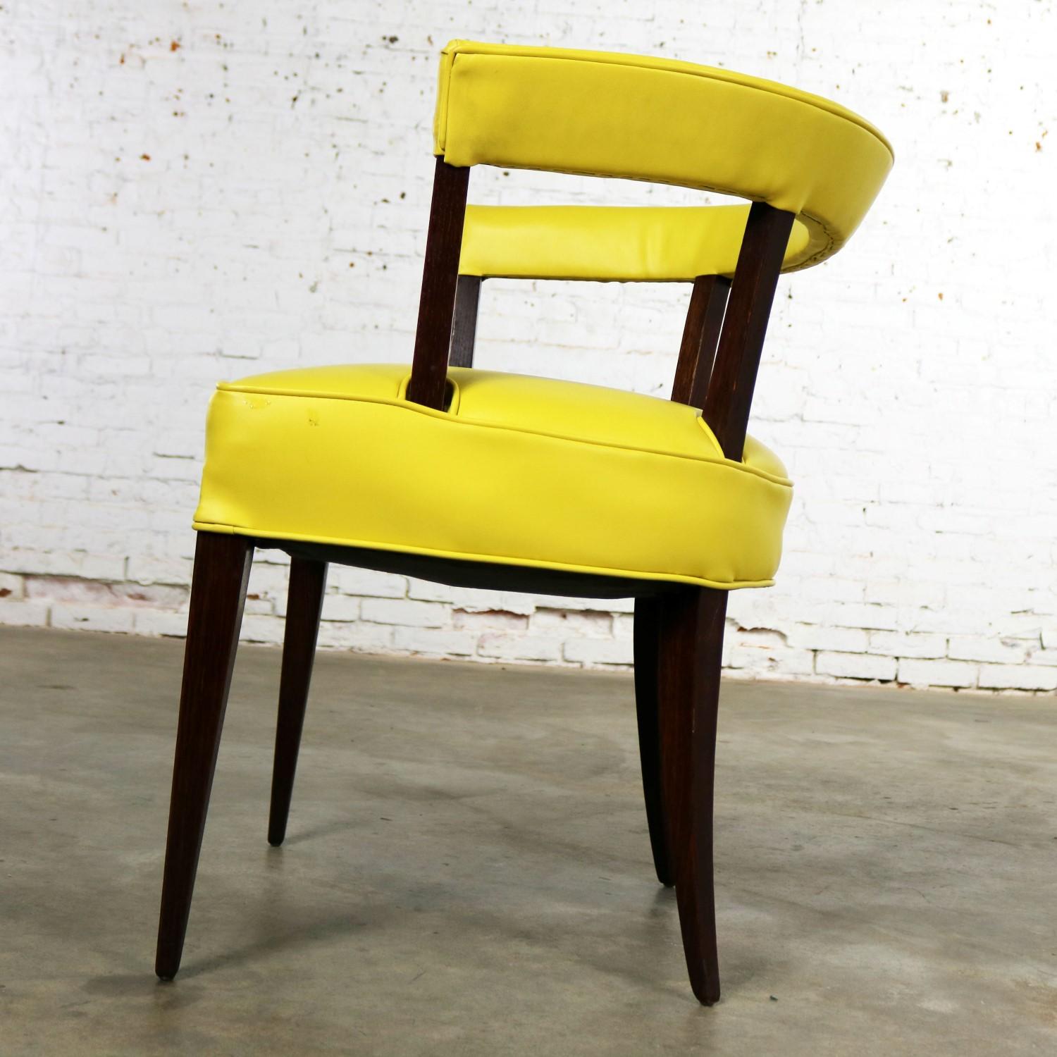 Faux Leather Mid-Century Modern Yellow Vinyl and Oak Barrel Back Side Chair For Sale