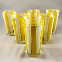 Mid-Century Modern Yellow & White Striped Highball Glasses, Set of Six