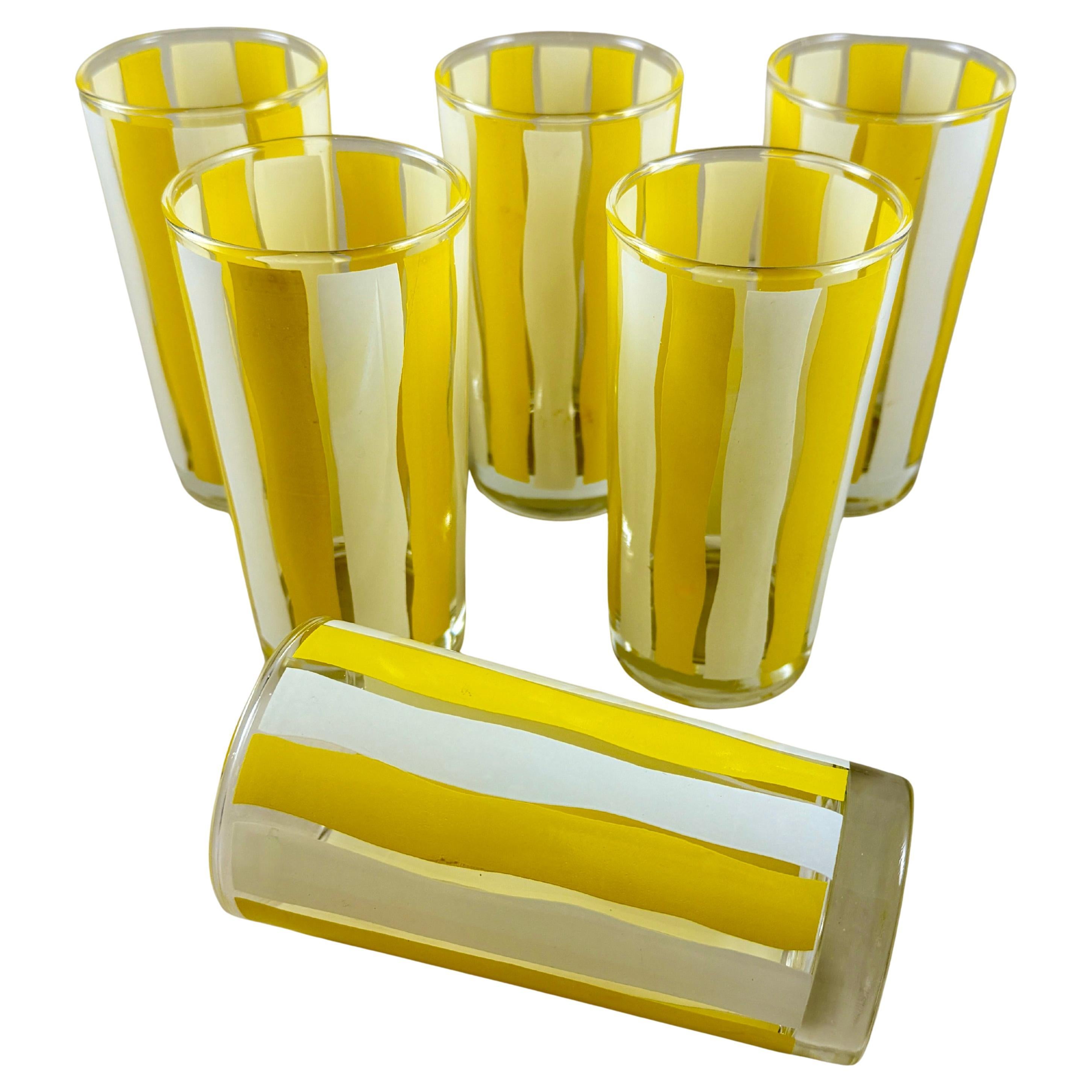 Mid-Century Modern Yellow & White Striped Highball Glasses, Set of Six