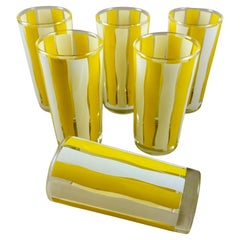Mid-Century Modern Yellow & White Striped Highball Glasses, Set of Six