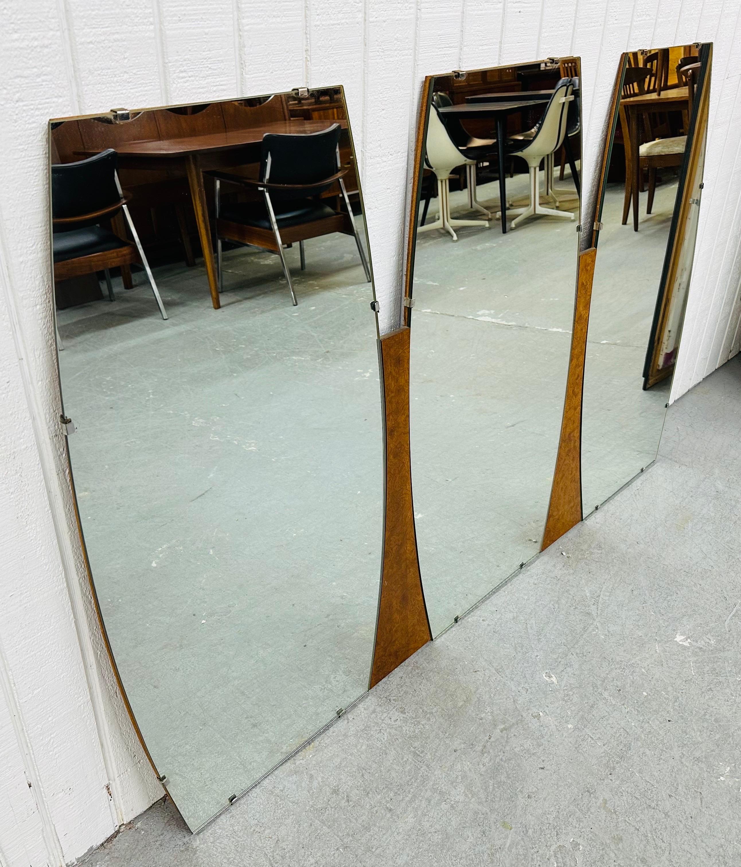 This listing is for a Mid-Century Modern Young Manufacturing Triple Mirror. Featuring three mirrors and burled walnut accent. This is an exceptional combination of quality and design by Young Manufacturing Company!