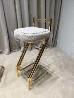 Sgabelli da bar con cornice a Z in oro e shearling naturale - coppia