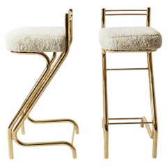 Mid-Century Modern Z-Frame Bar Stools in Gold & Natural Shearling - Pair