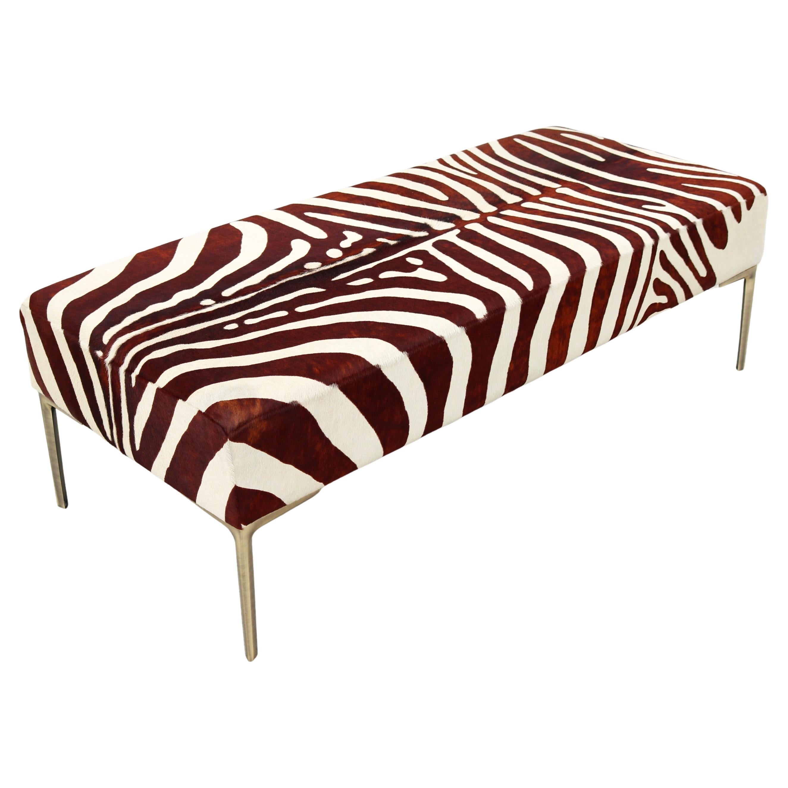 Mid-Century Modern Zebra Hide Ottoman / Coffee Table with Brushed Bronze Legs For Sale