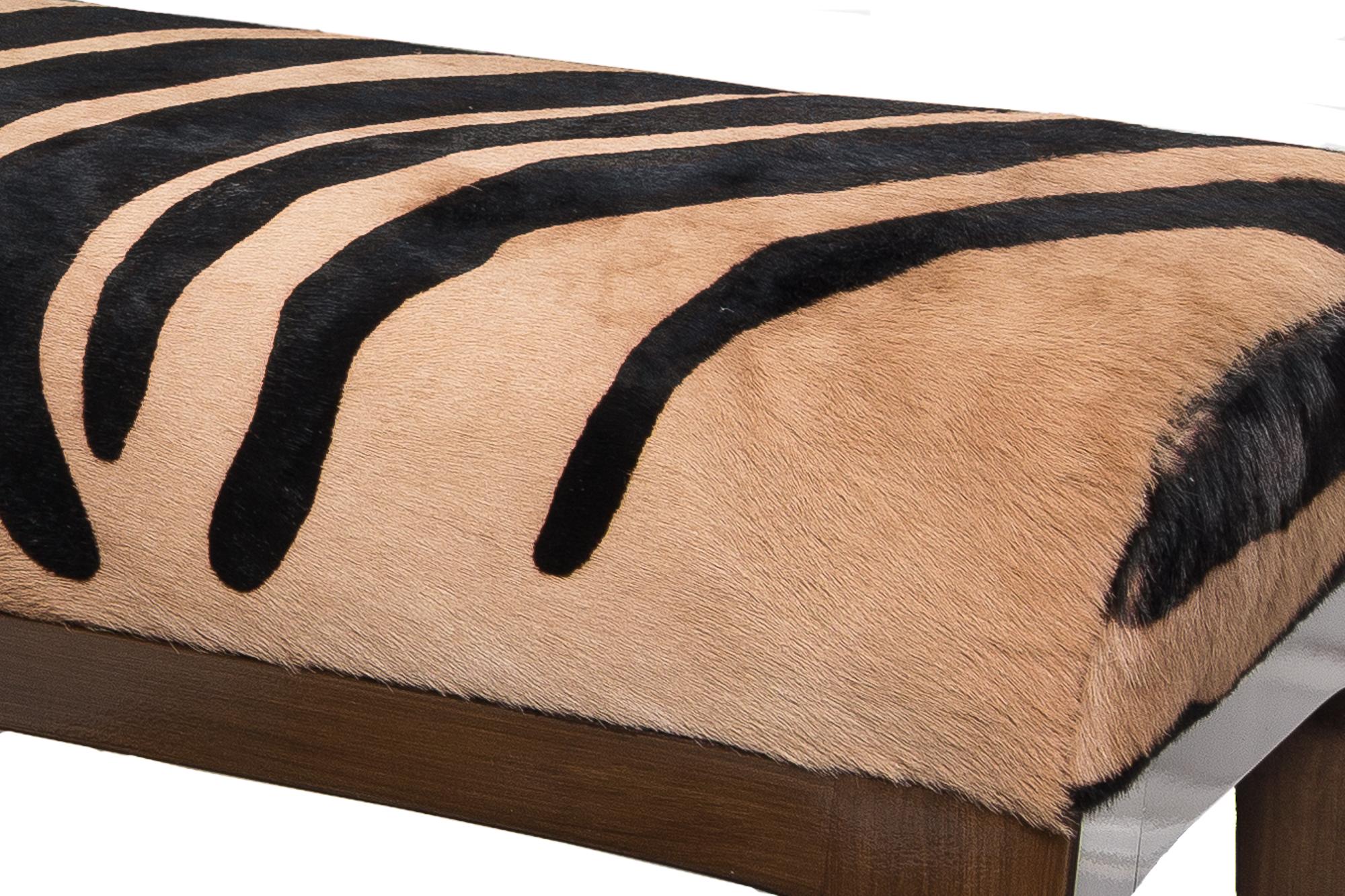 Mid-Century Modern Style Zebra Stenciled Cowhide Hair Upholstered Bench In New Condition For Sale In Bronxville, NY