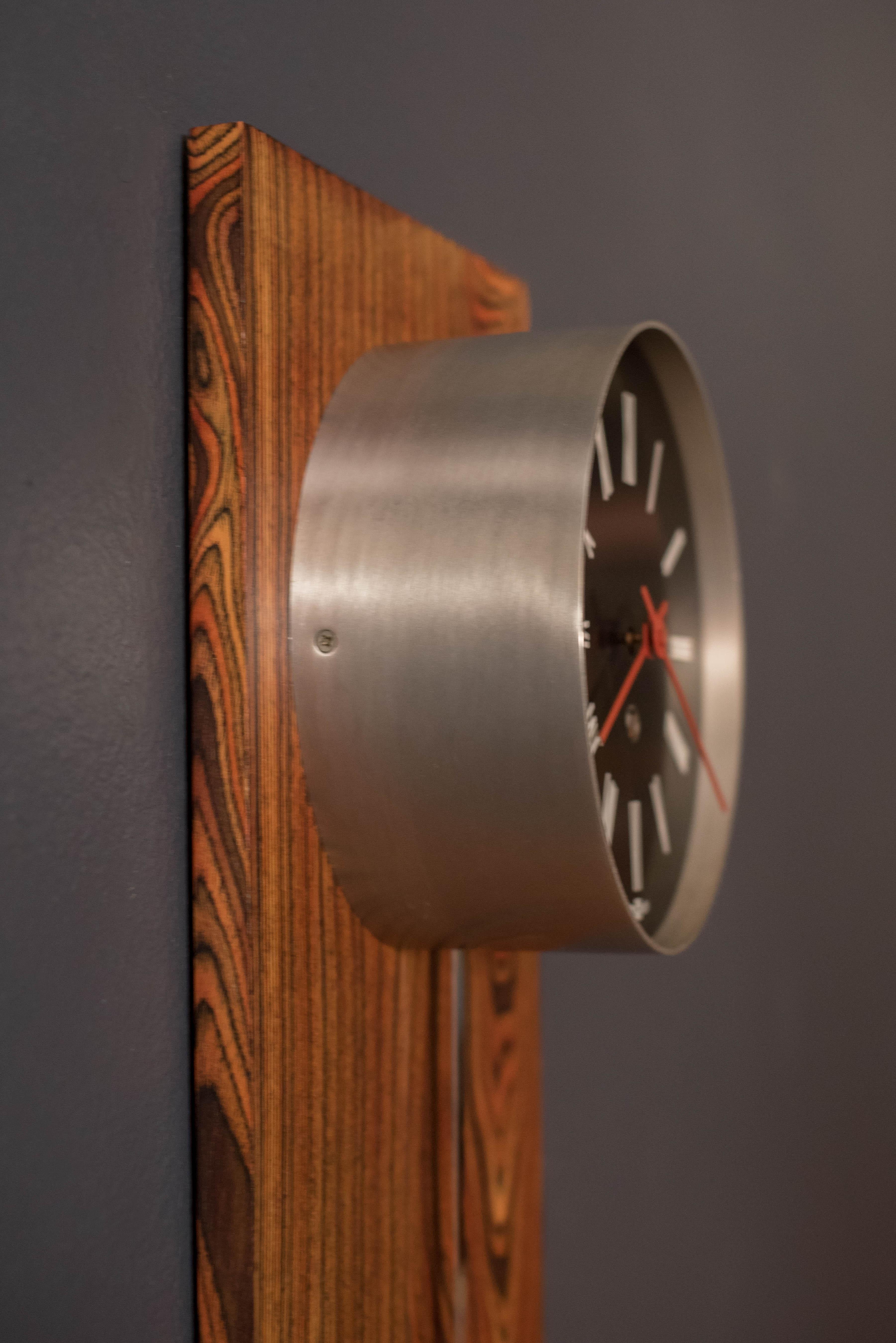 Mid Century Modern Zebrawood and Chrome Wall Clock by Howard Miller For Sale 1