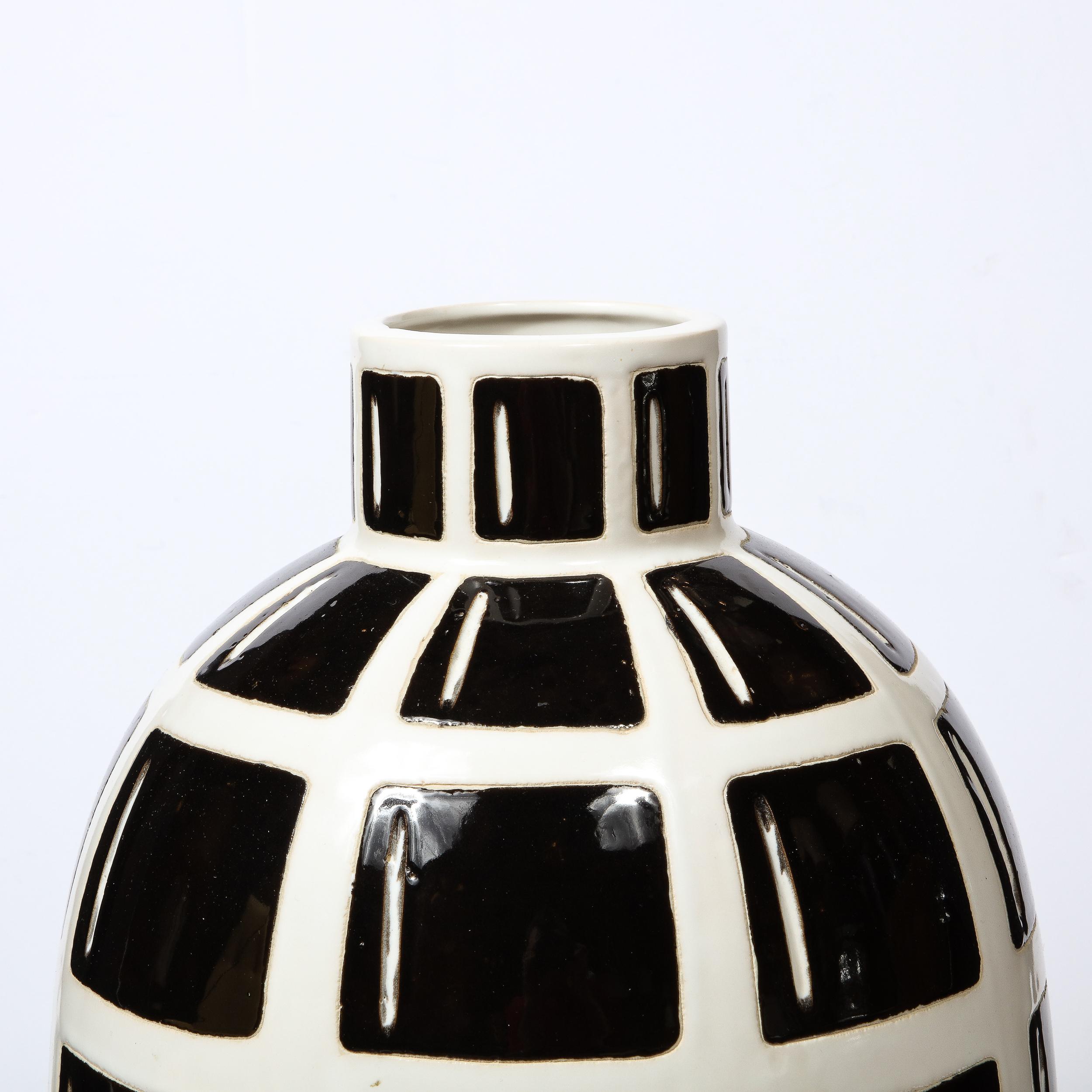 American Mid-Century Modern Black & White Ceramic Elliptical Grid Form 
