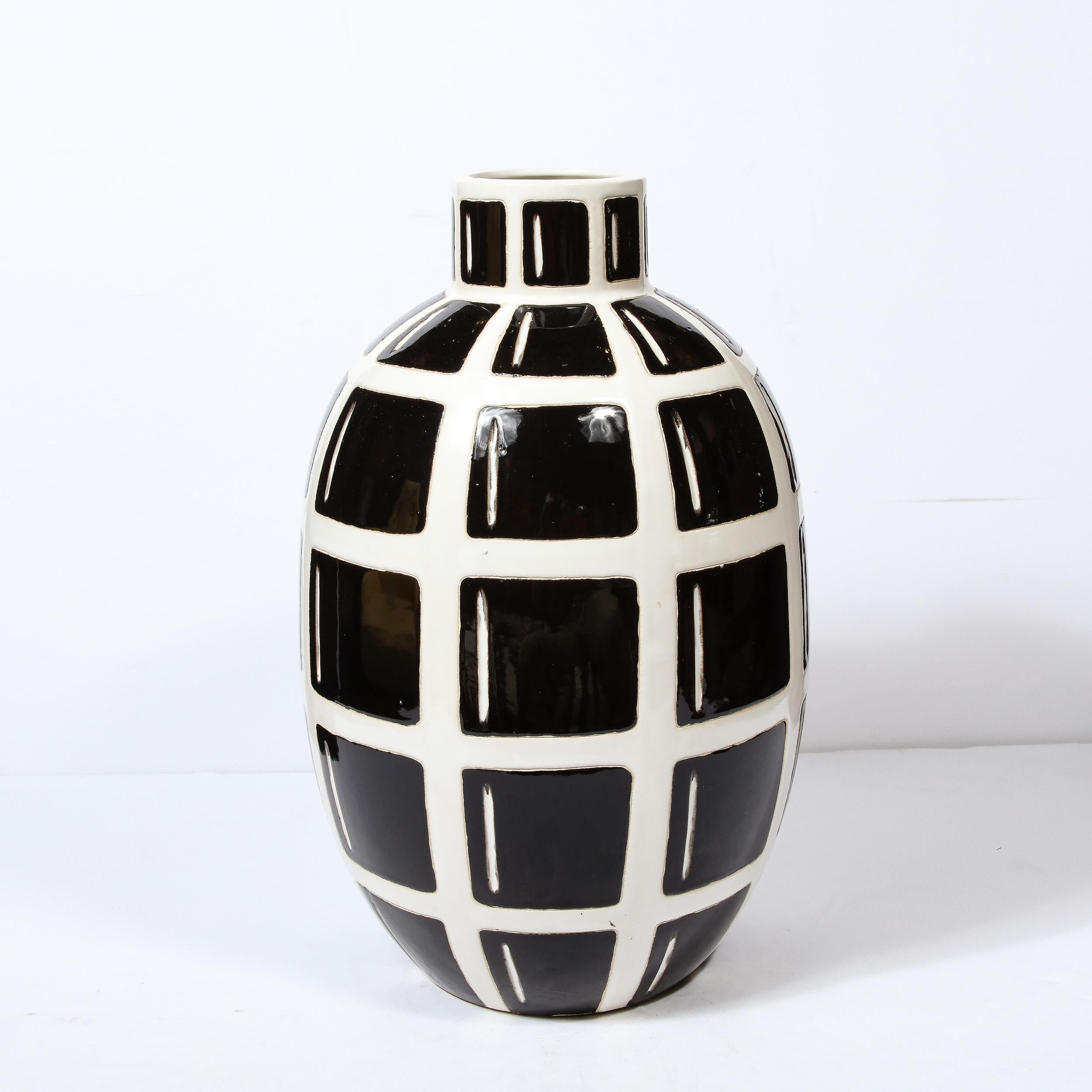 Hand-Painted Mid-Century Modern Black & White Ceramic Elliptical Grid Form 