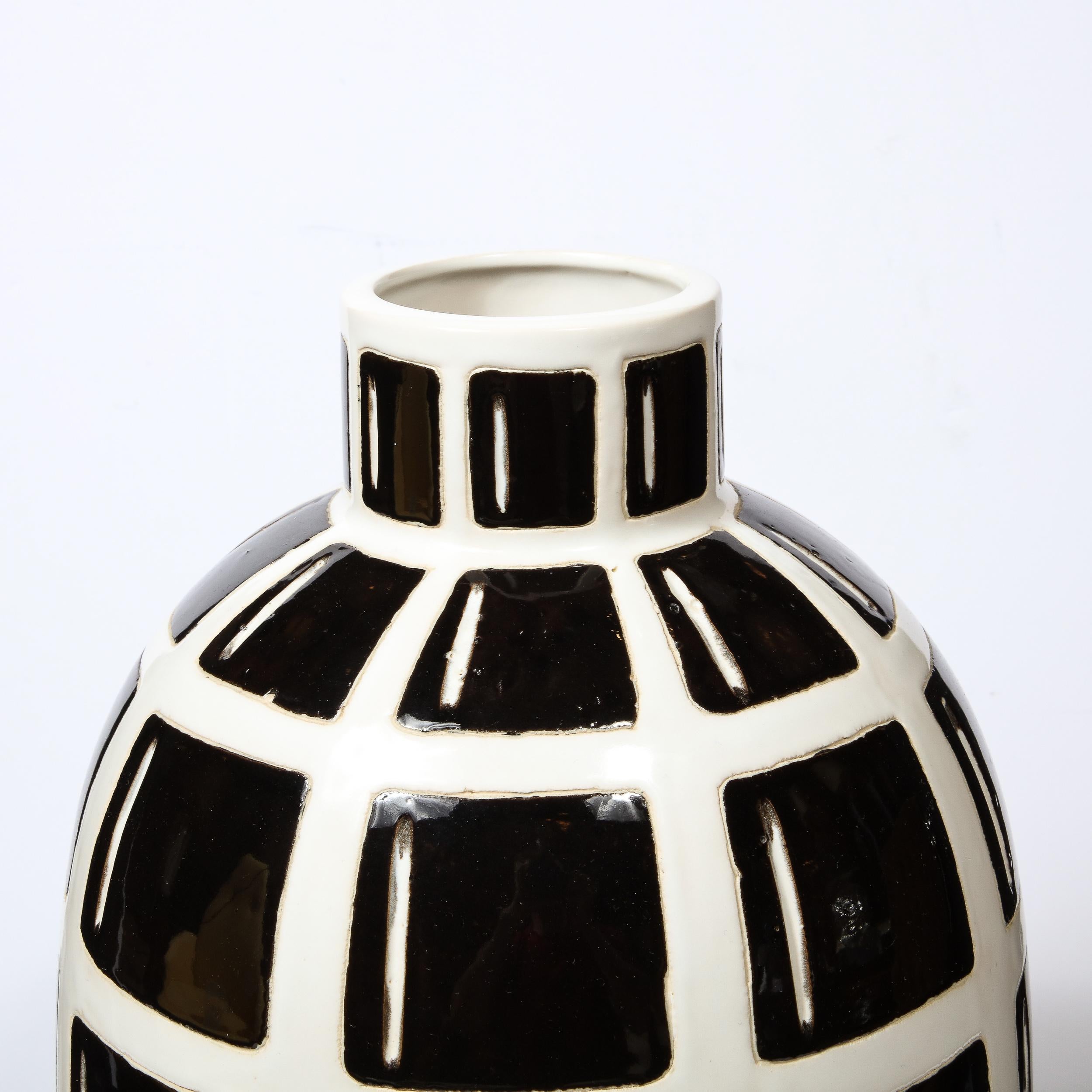 Mid-Century Modern Black & White Ceramic Elliptical Grid Form 