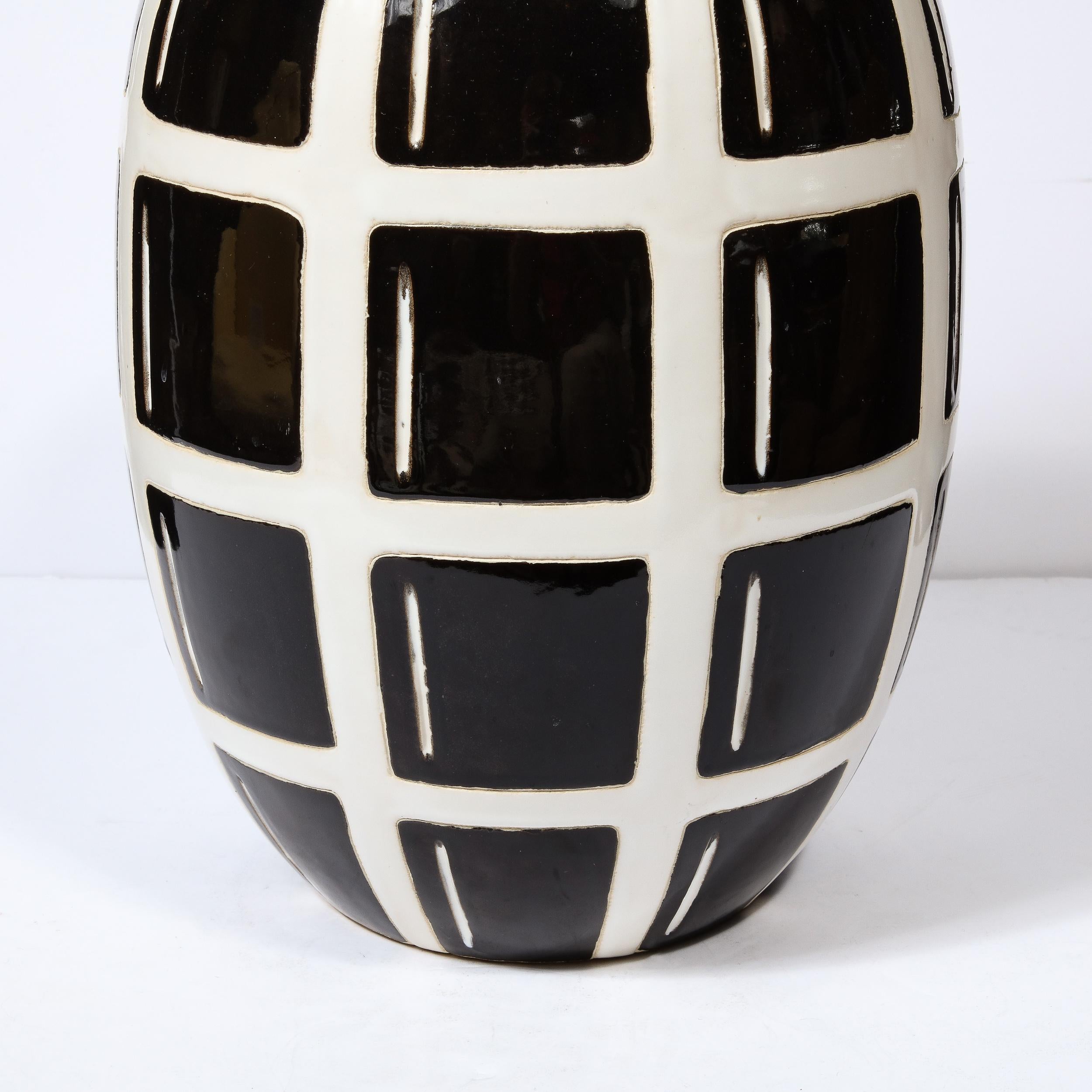 Mid-Century Modern Black & White Ceramic Elliptical Grid Form 