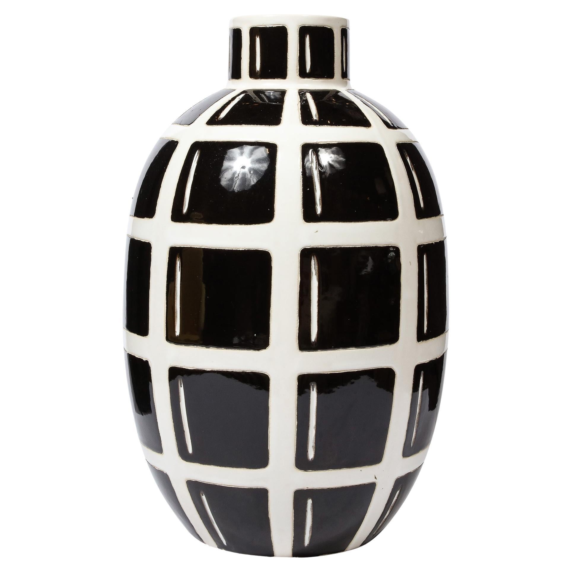 Mid-Century Modern Black & White Ceramic Elliptical Grid Form "Grenade" Vase For Sale