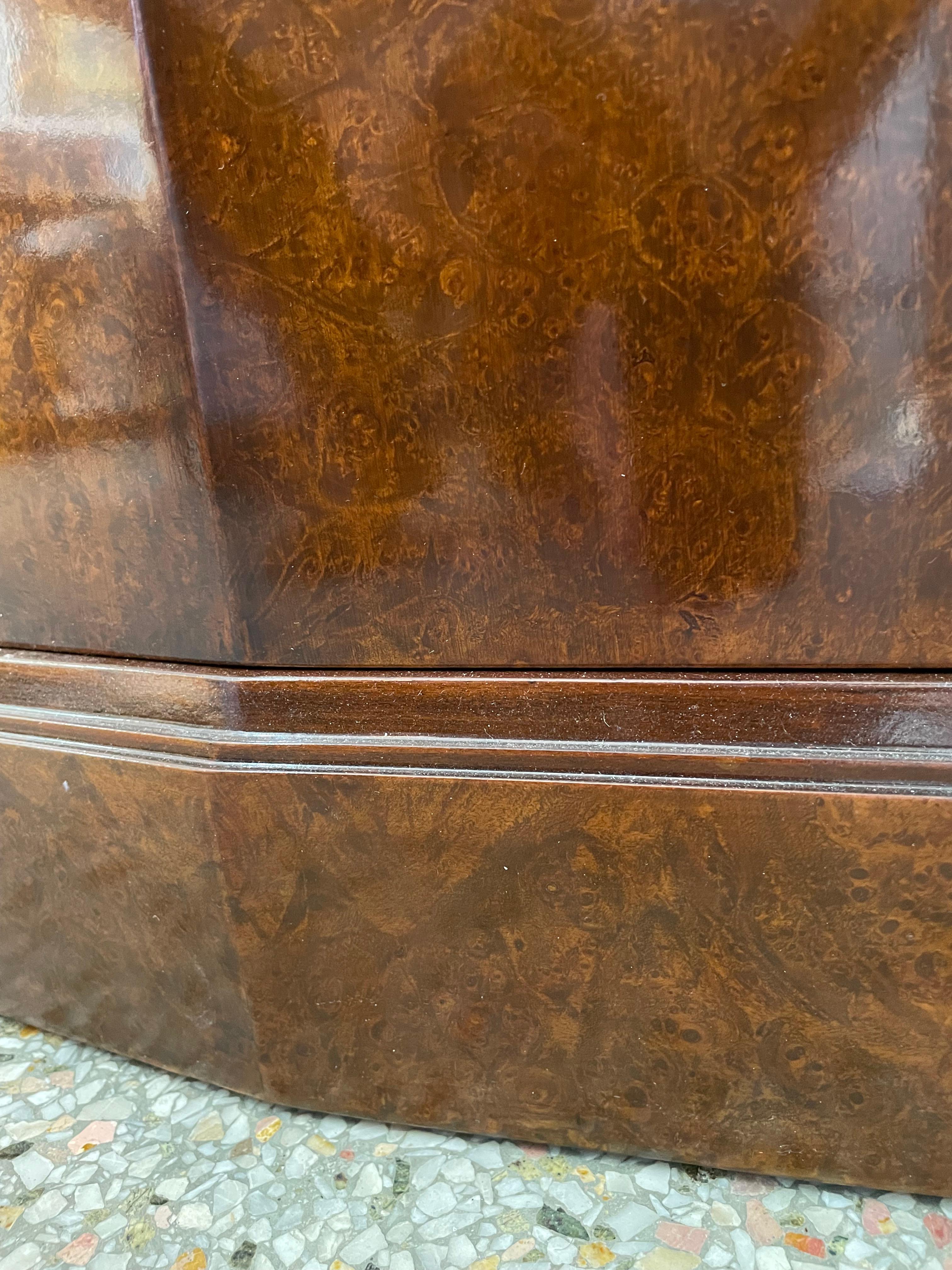 Burlwood Console Cabinet with Wall Mirror In Good Condition For Sale In West Palm Beach, FL