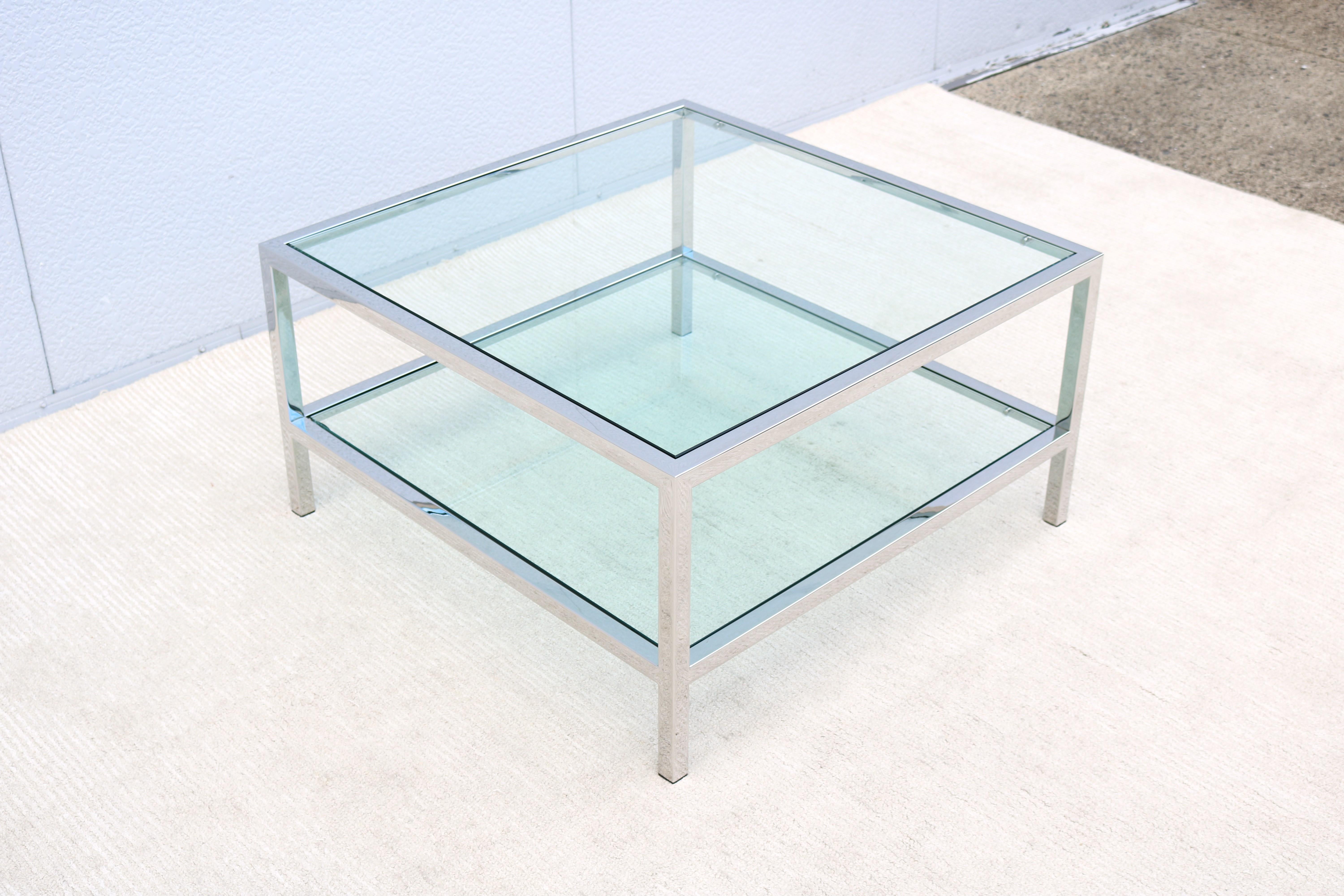 Mid-Century Modernism Milo Baughman Style Glass Square Coffee Table with Shelf For Sale 4