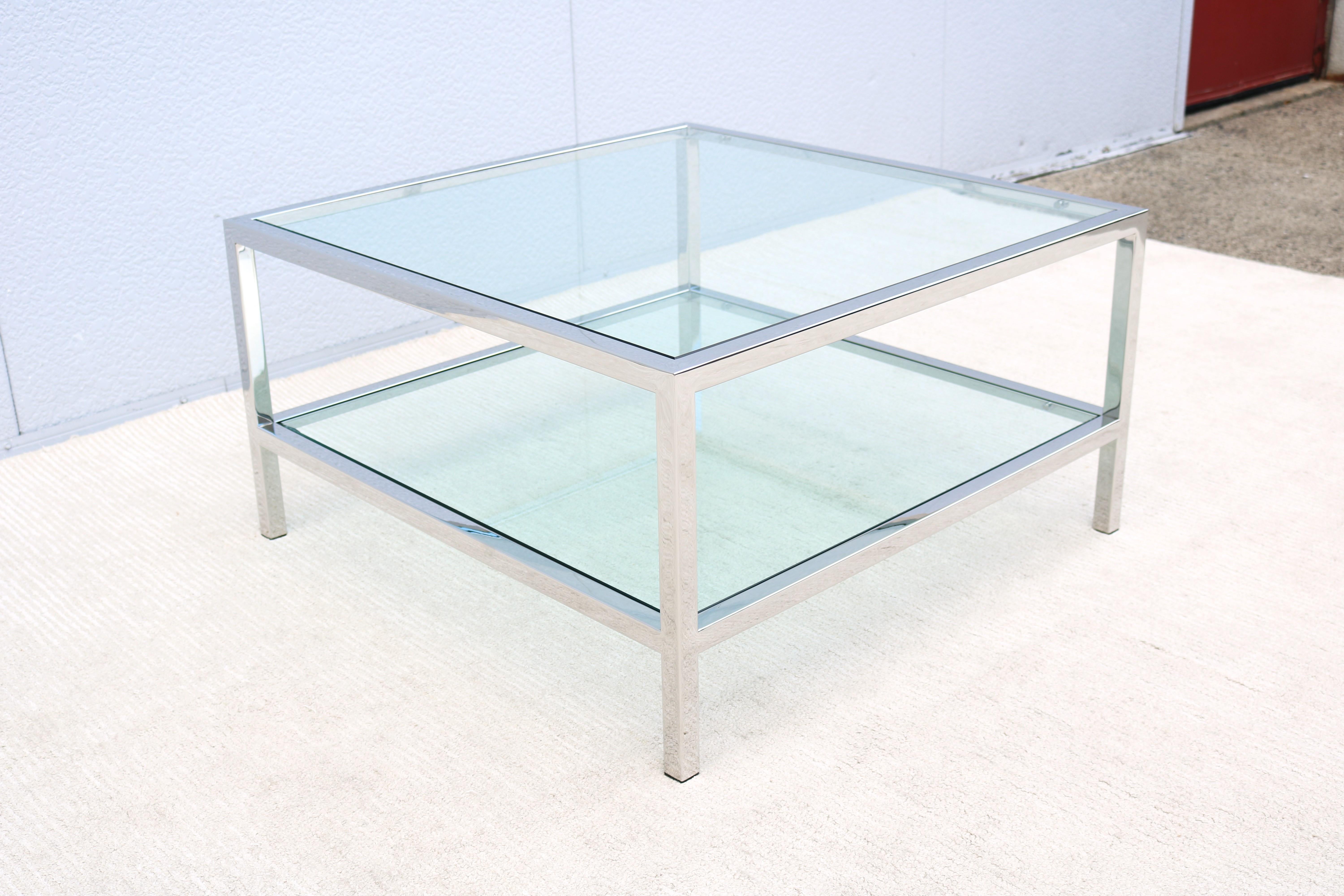 Mid-Century Modernism Milo Baughman Style Glass Square Coffee Table with Shelf For Sale 5