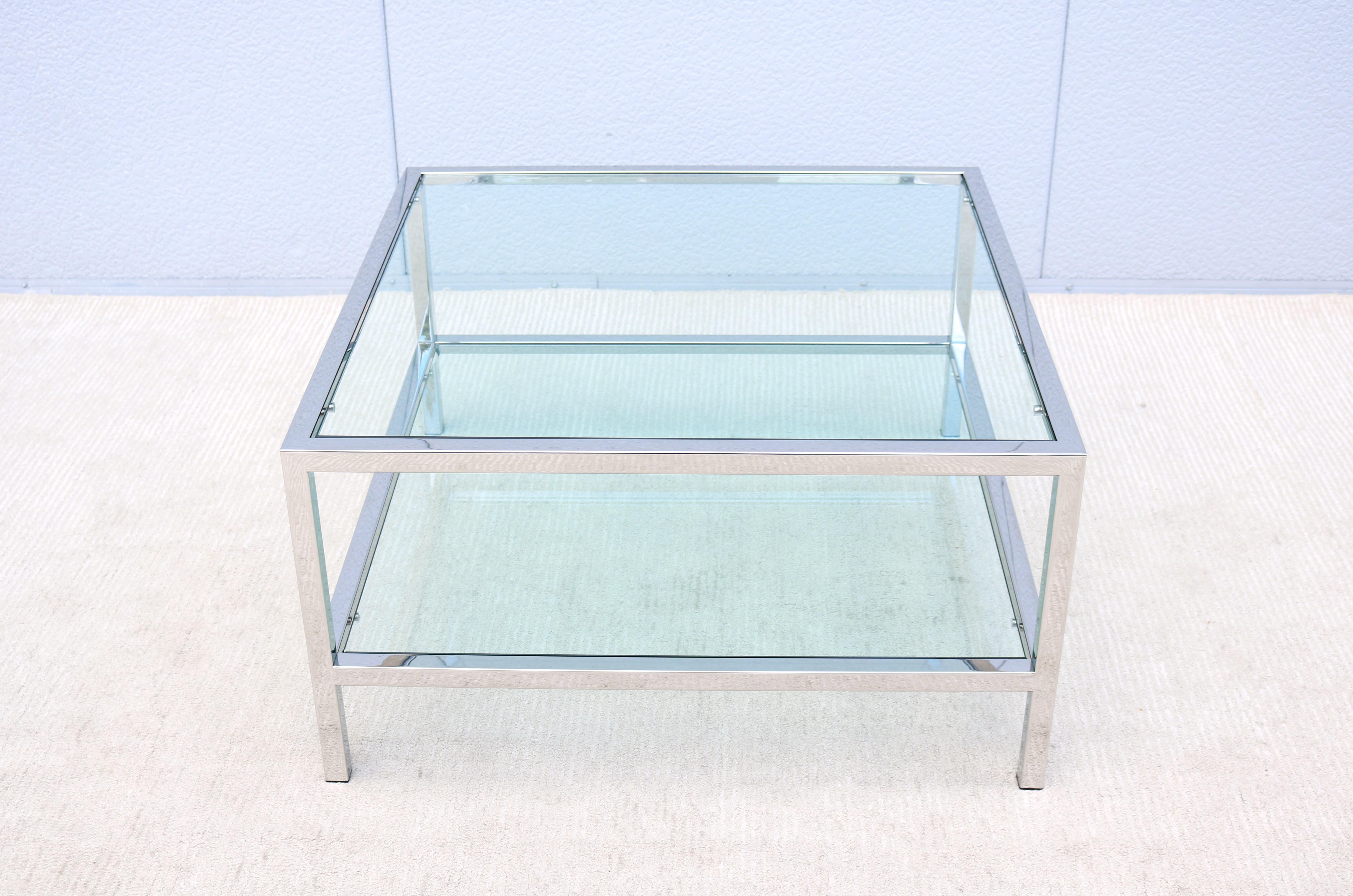Polished Mid-Century Modernism Milo Baughman Style Glass Square Coffee Table with Shelf For Sale