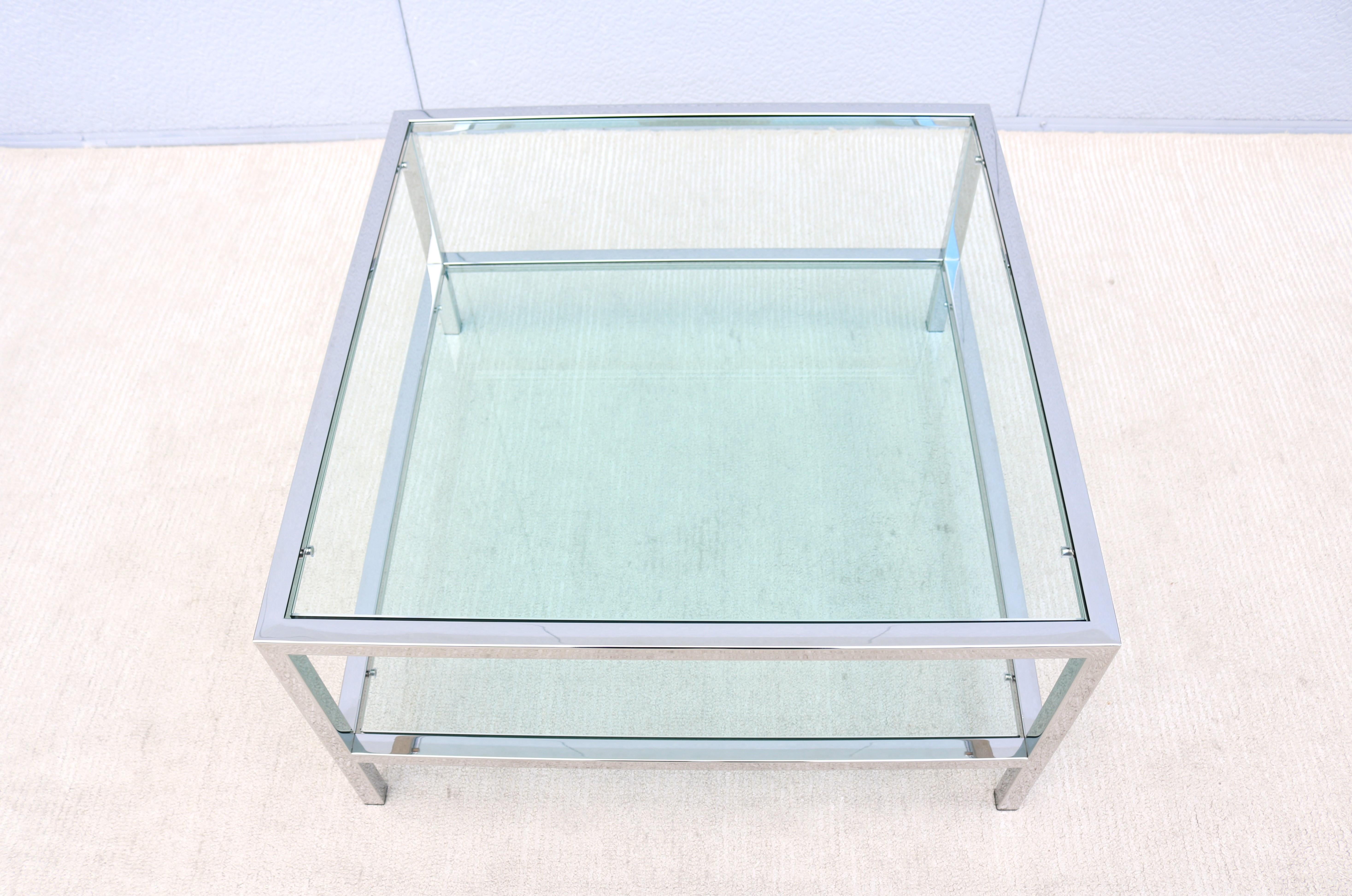 20th Century Mid-Century Modernism Milo Baughman Style Glass Square Coffee Table with Shelf For Sale