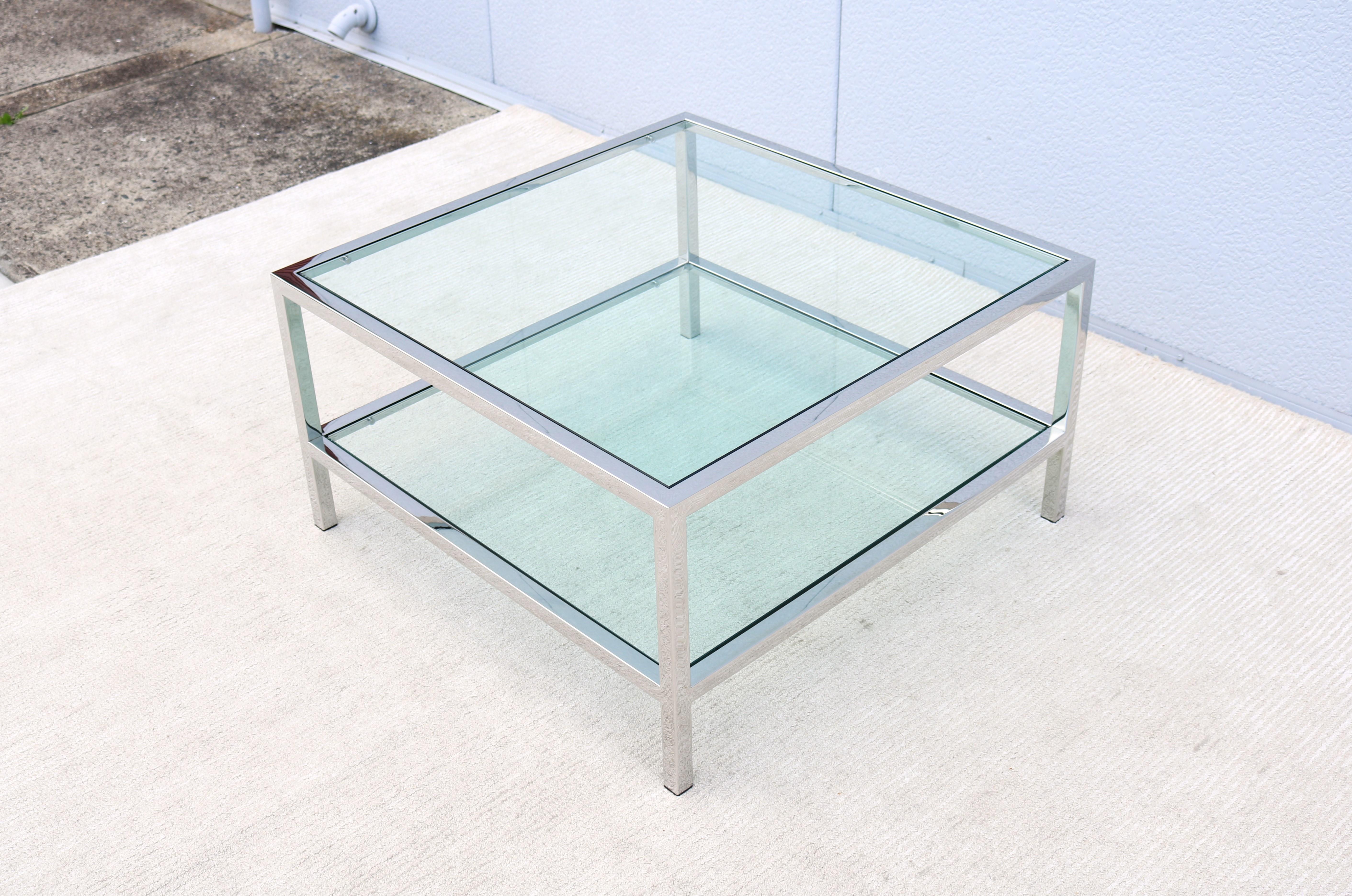 Mid-Century Modernism Milo Baughman Style Glass Square Coffee Table with Shelf For Sale 1