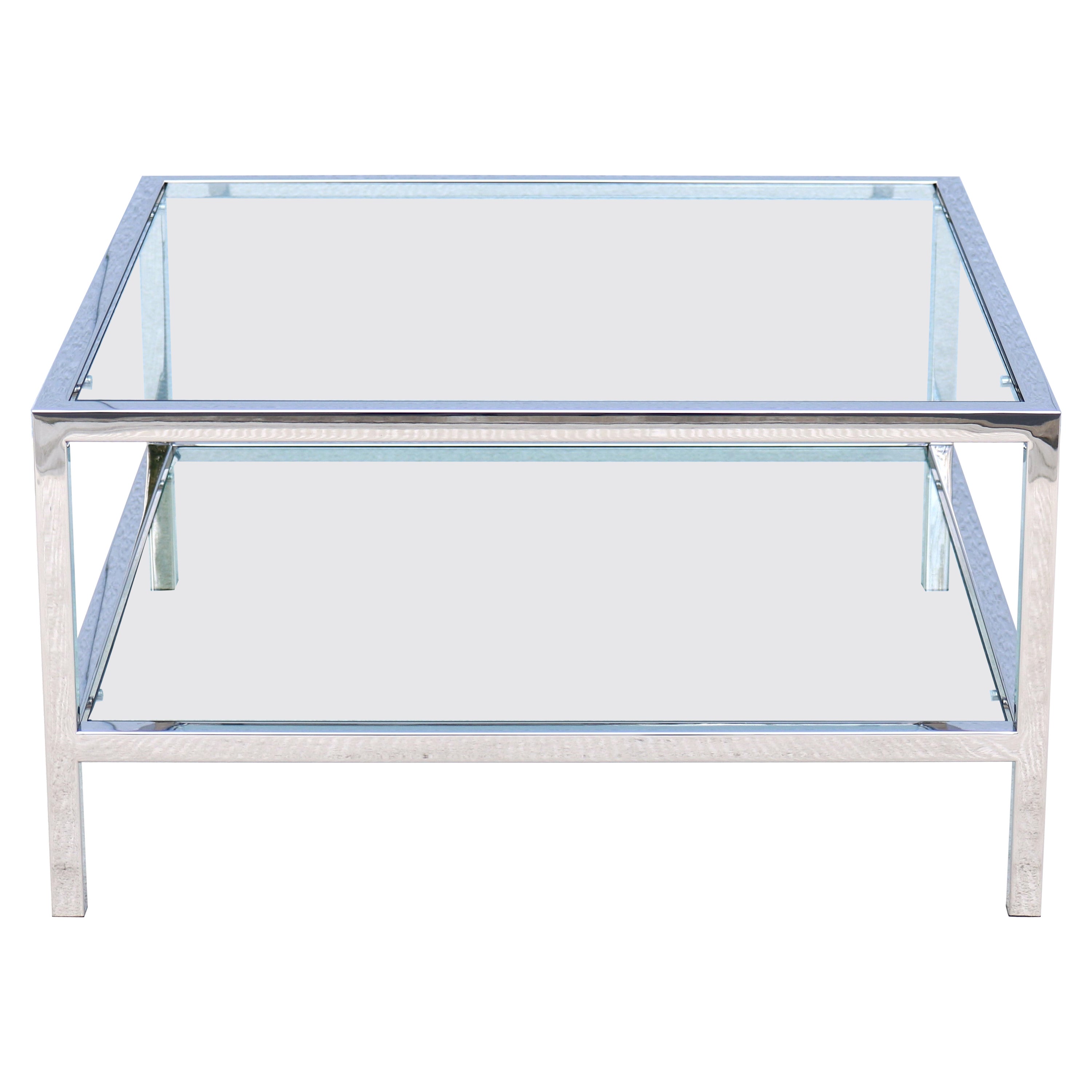 Mid-Century Modernism Milo Baughman Style Glass Square Coffee Table with Shelf