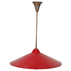 STILNOVO Gold Brass with Red Modern Pendant Hanging Lamp 1954 Italy Vintage