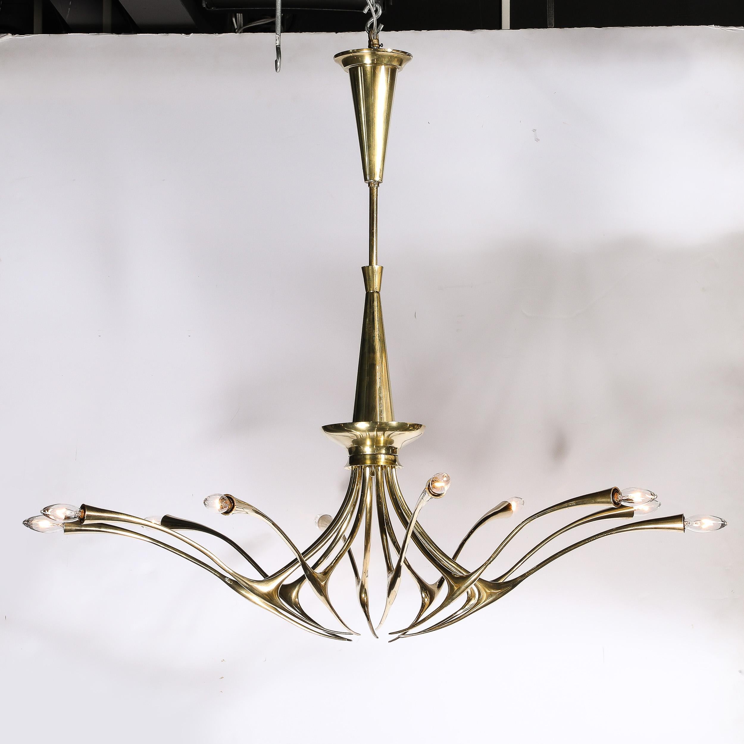 Italian Mid-Century Modernist 10 Arm Sculptural Brass Chandelier by Oscar Torlasco, Lumi